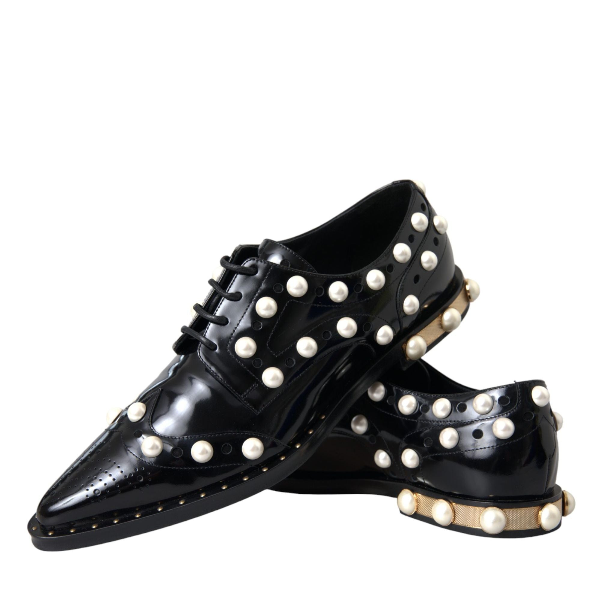Dolce & Gabbana Black Leather Faux Pearl Dress Brogue Shoes