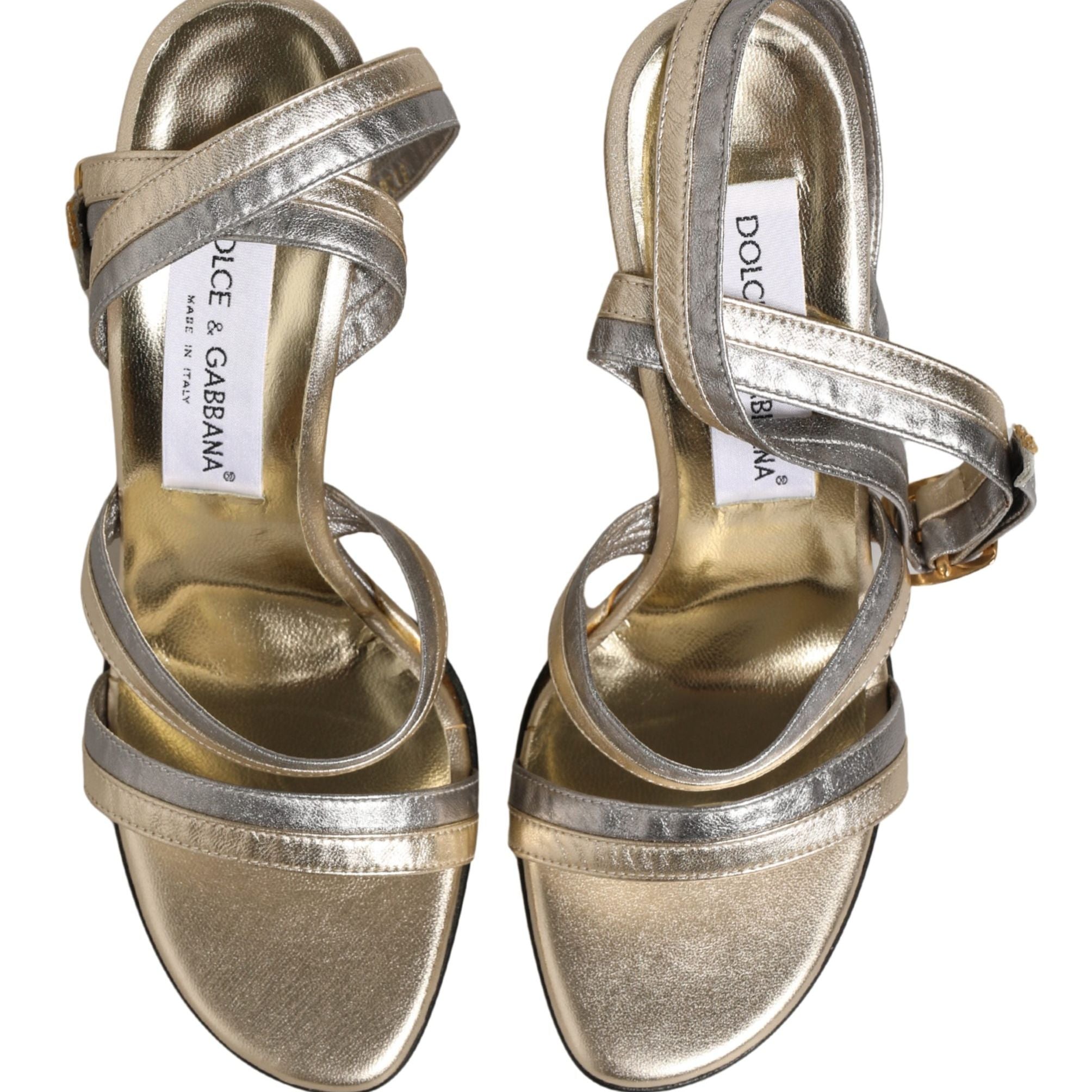 Dolce & Gabbana Gold Silver Leather Wedge Heels Sandals Shoes