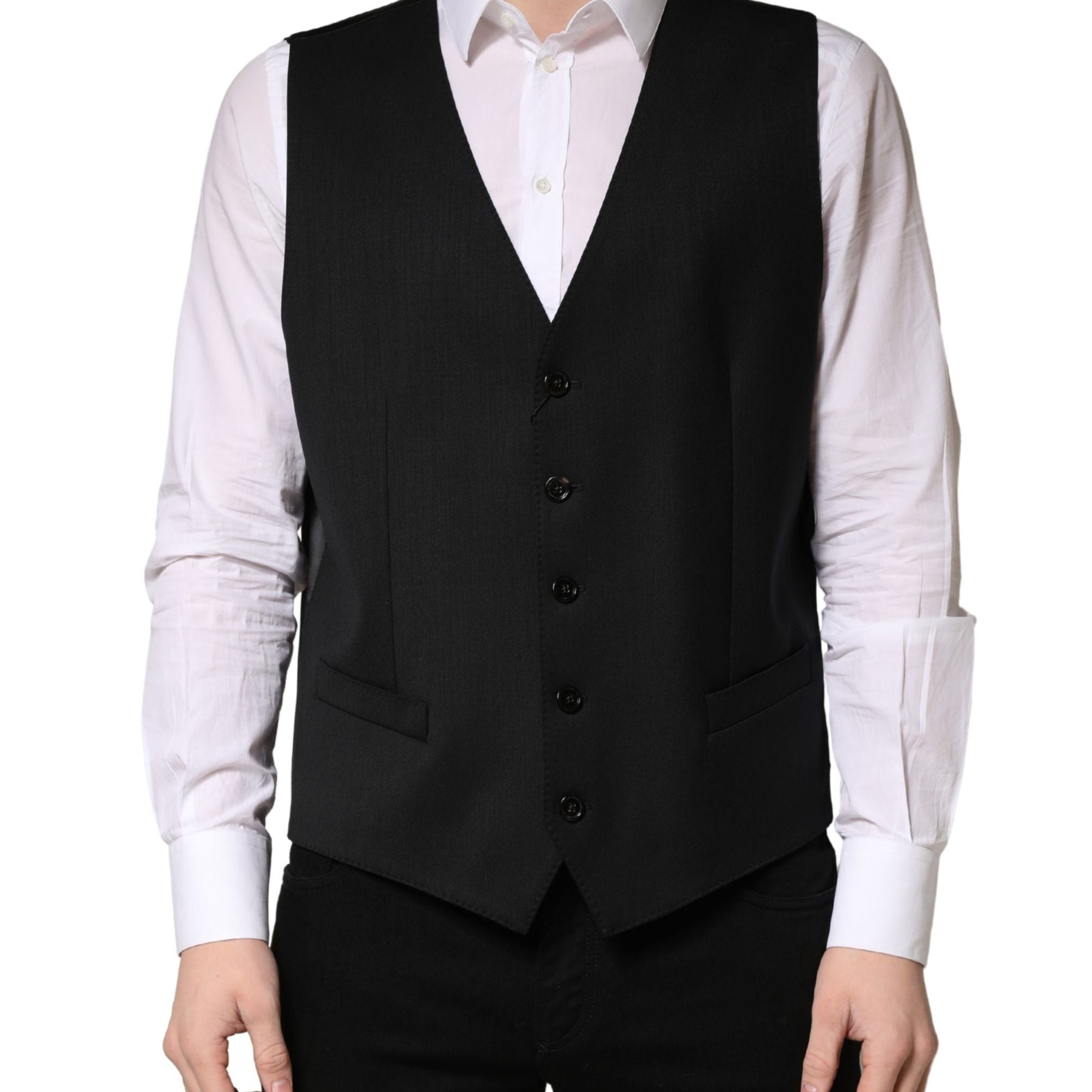Dolce & Gabbana Black Wool Single Breasted Men Waistcoat Vest