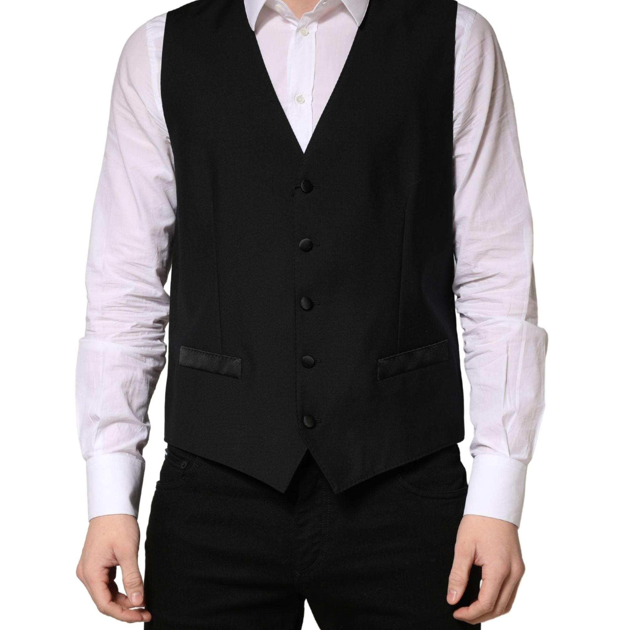 Dolce & Gabbana Black Wool Single Breasted Men Waistcoat Vest