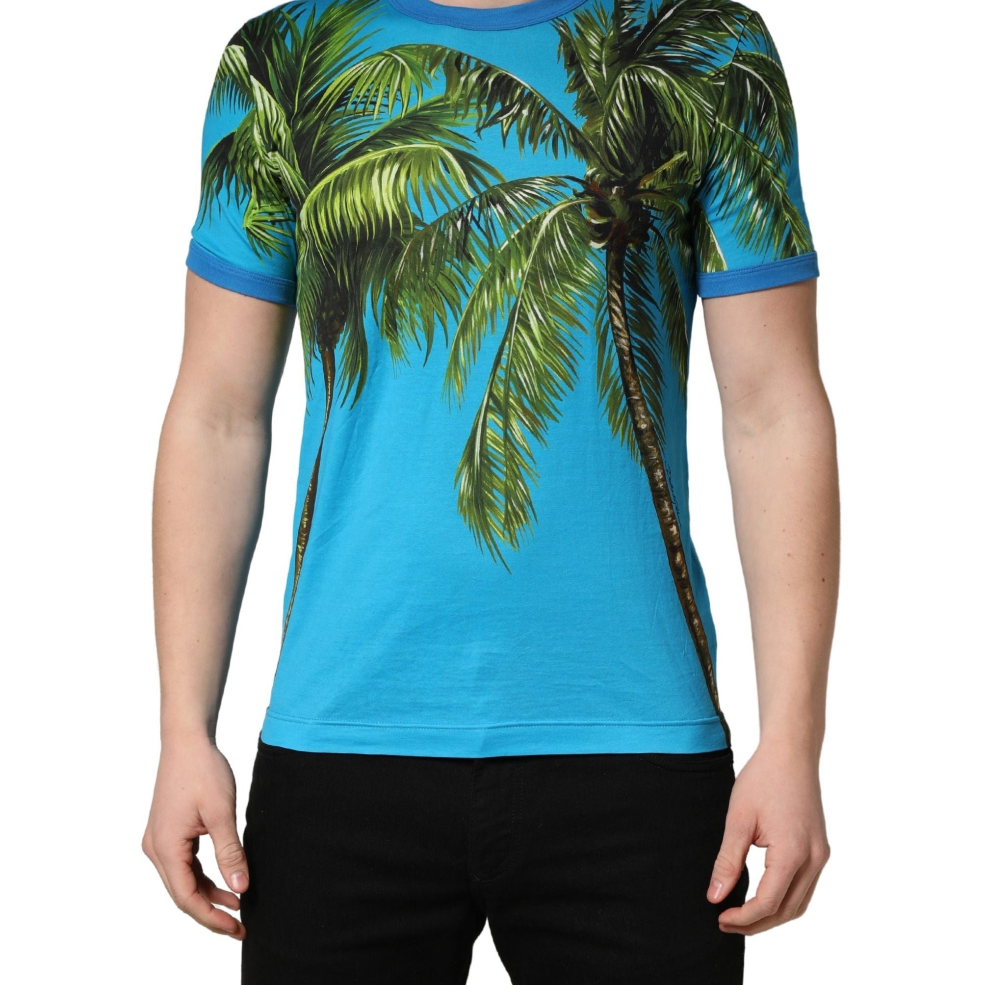 Dolce & Gabbana Blue Palm Tree Print Cotton CrewNeck T-shirt