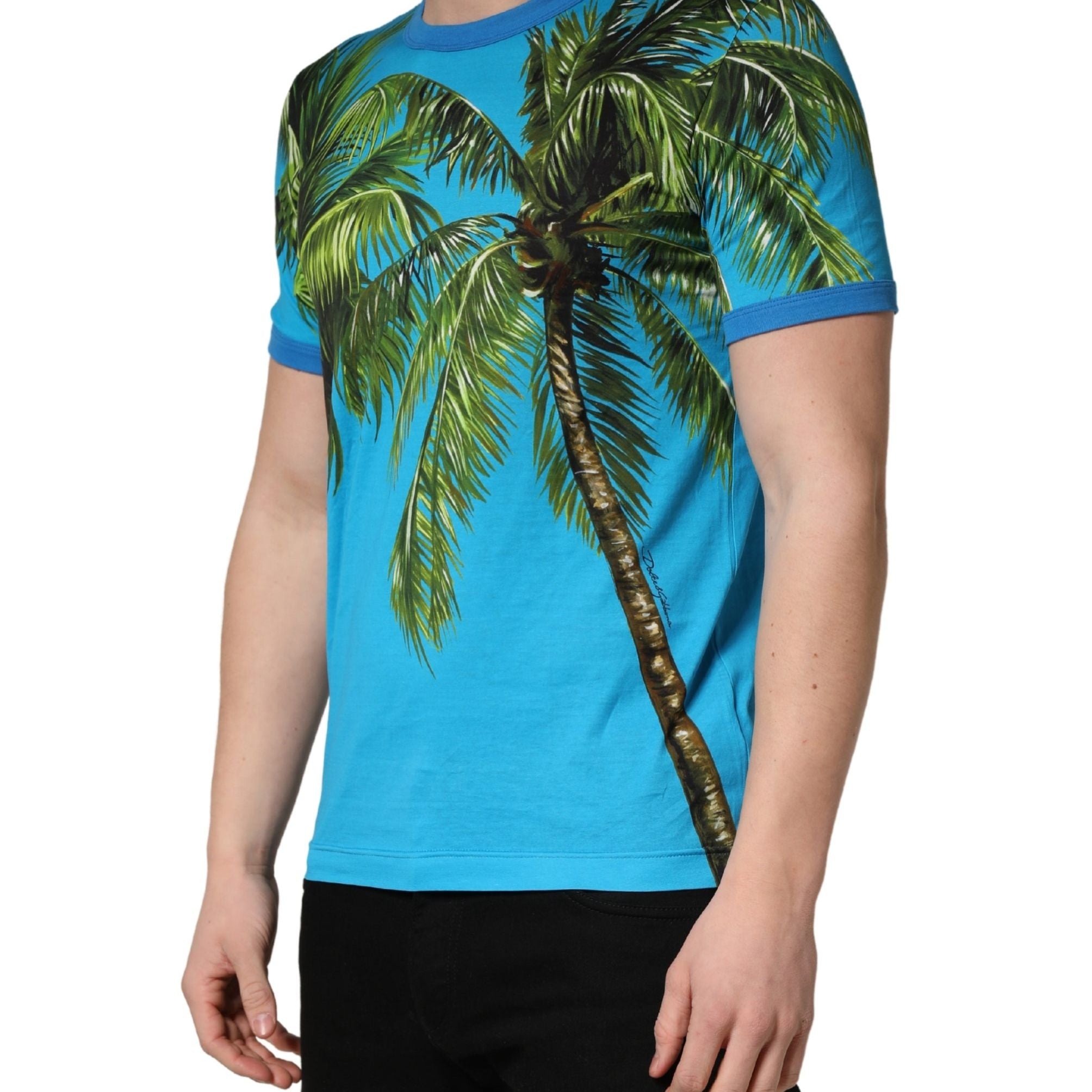 Dolce & Gabbana Blue Palm Tree Print Cotton CrewNeck T-shirt