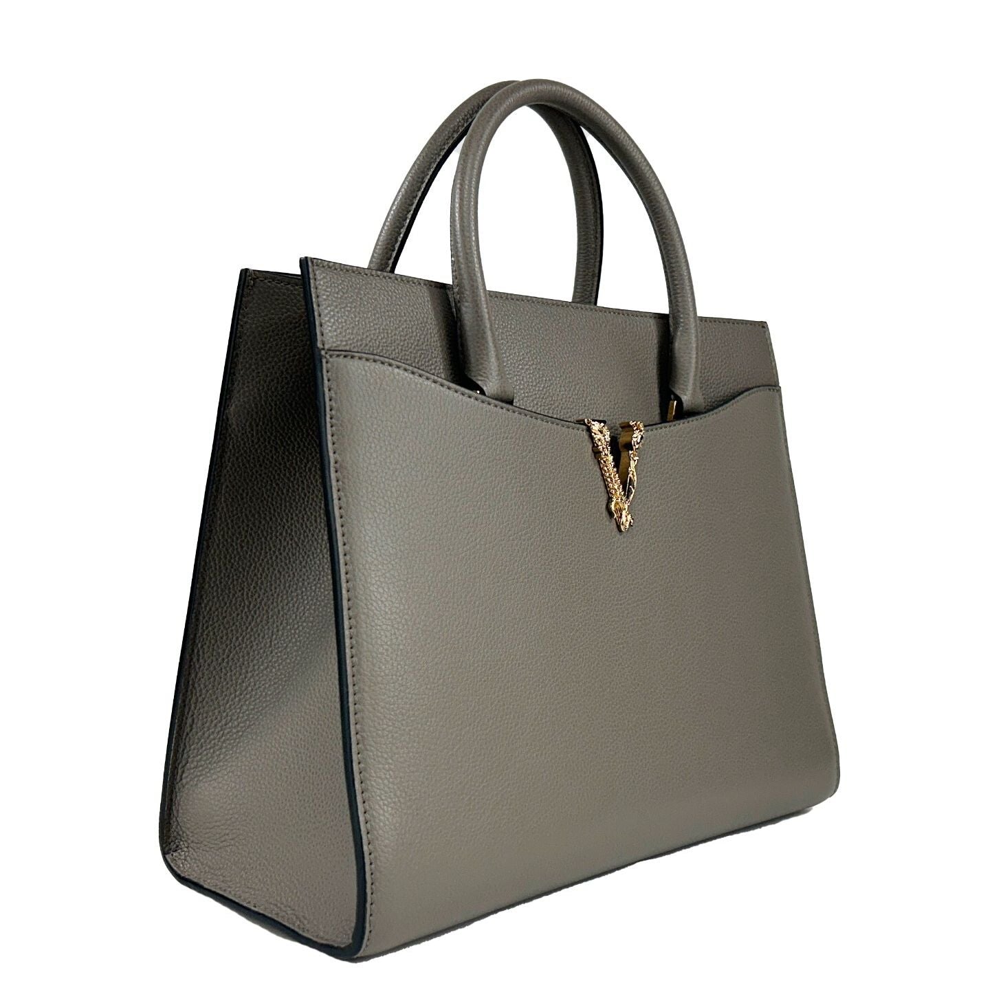 Versace Virtus Large Leather Top Handle Satchel Bag Tote Gray