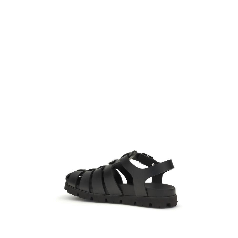 Prada Black Calf Leather Bos Taurus Flat Sandals