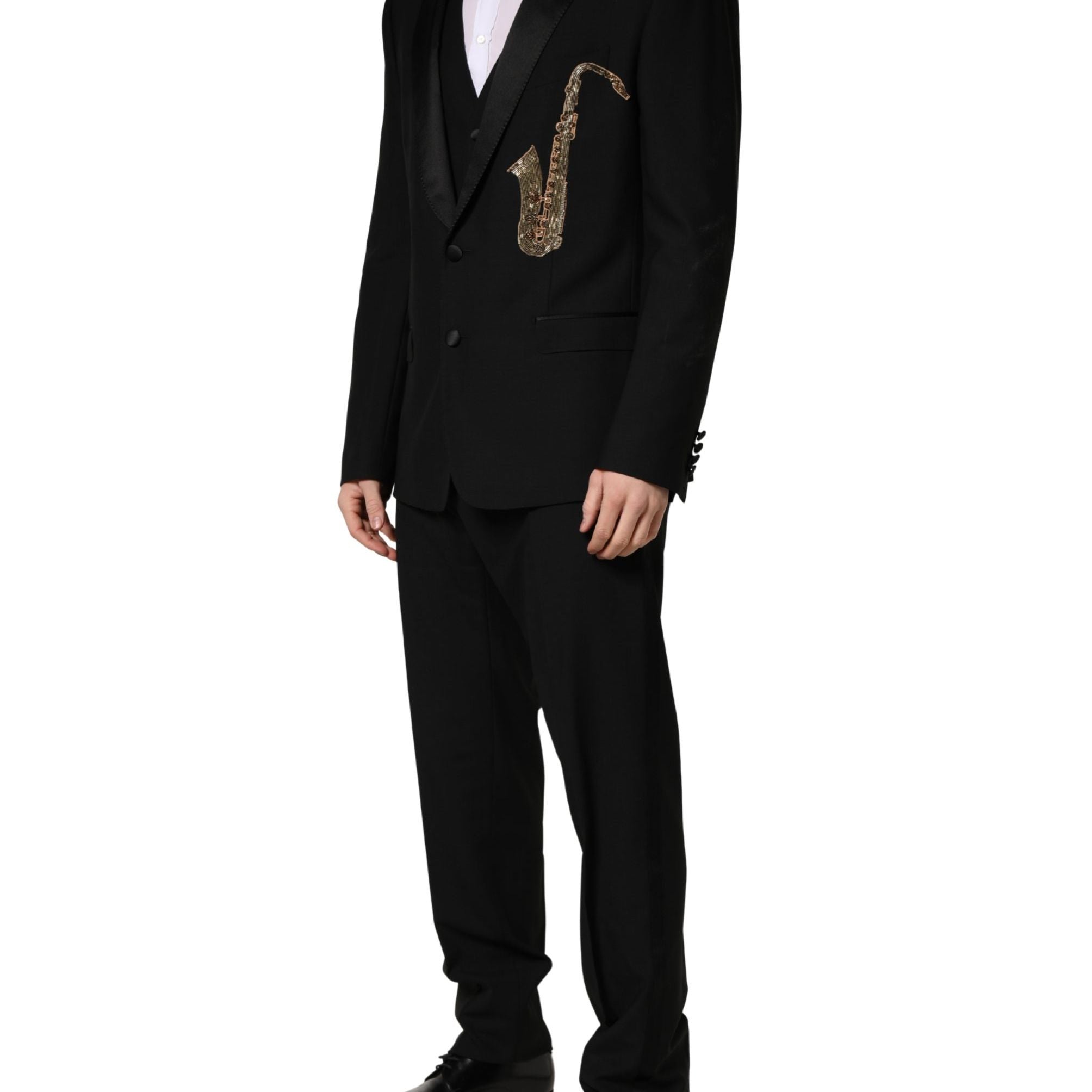 Dolce & Gabbana Black Wool Silk Saxophone Slim Fit 3Pc Suit