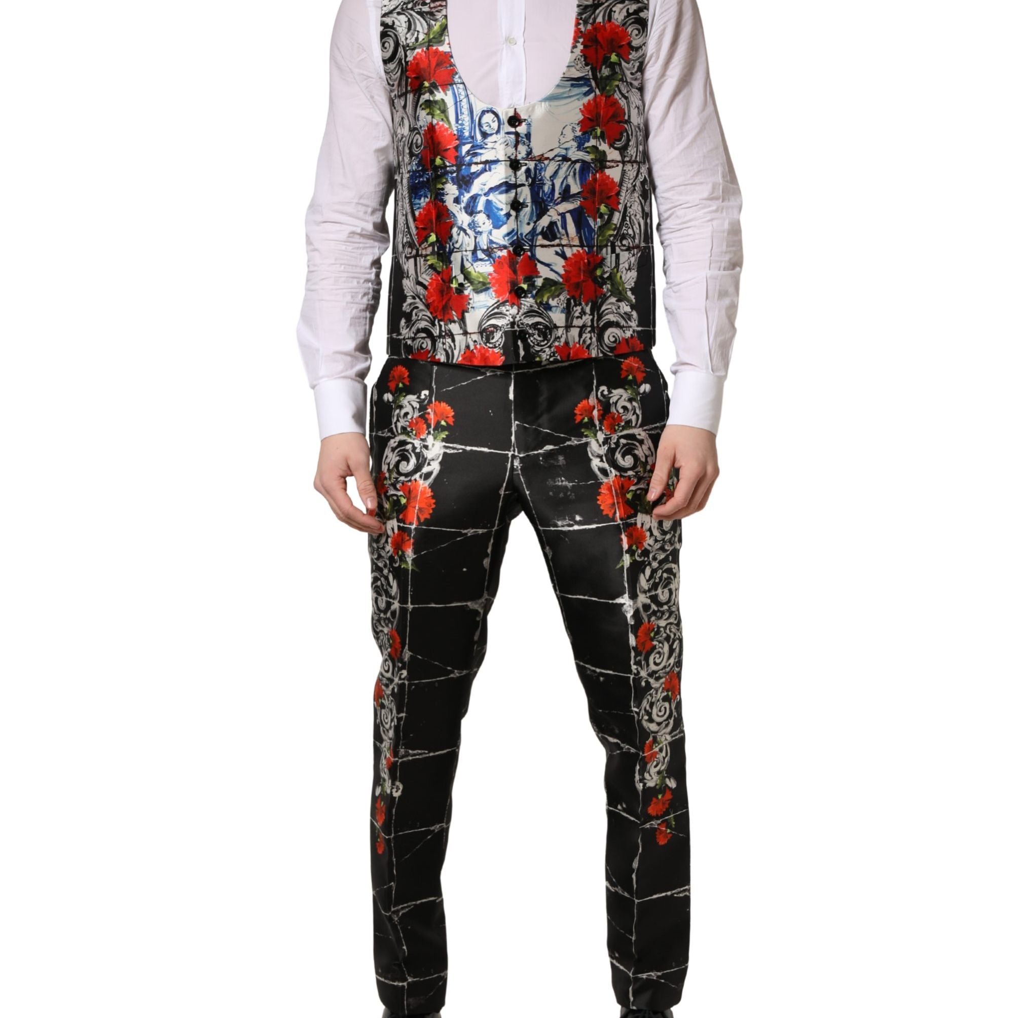 Dolce & Gabbana Black Floral 2 Buttons Formal 3 Piece Suit