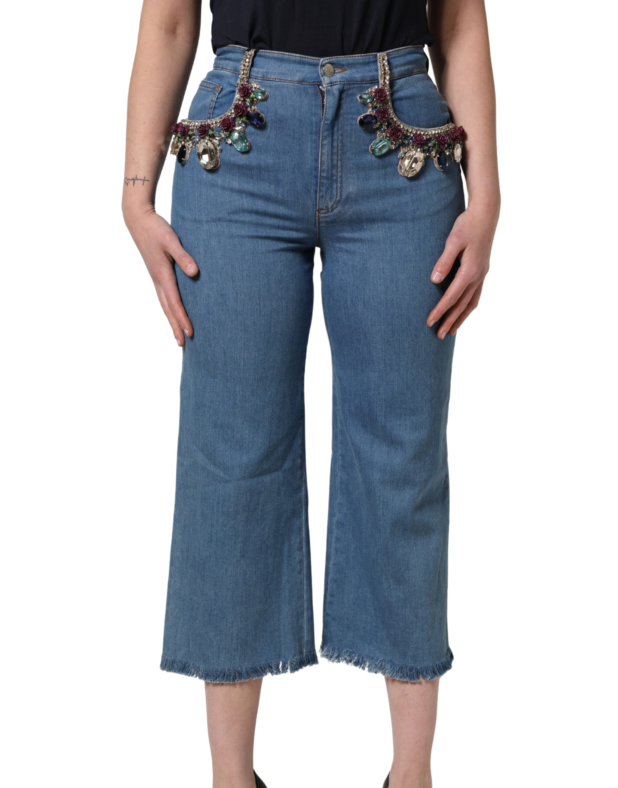 Dolce & Gabbana Blue Embellished Denim Wide-Leg Crop Jeans
