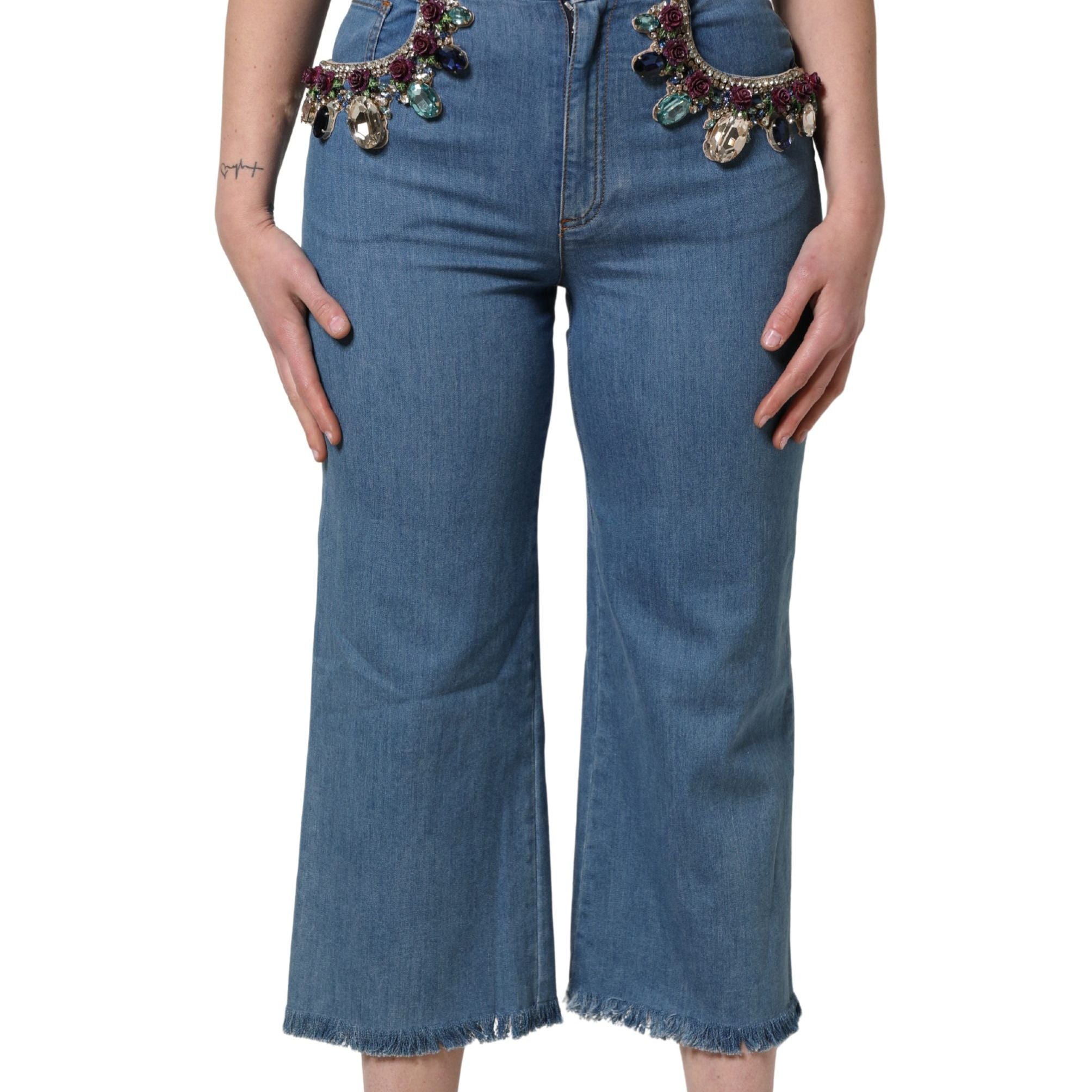 Dolce & Gabbana Blue Embellished Denim Wide-Leg Crop Jeans