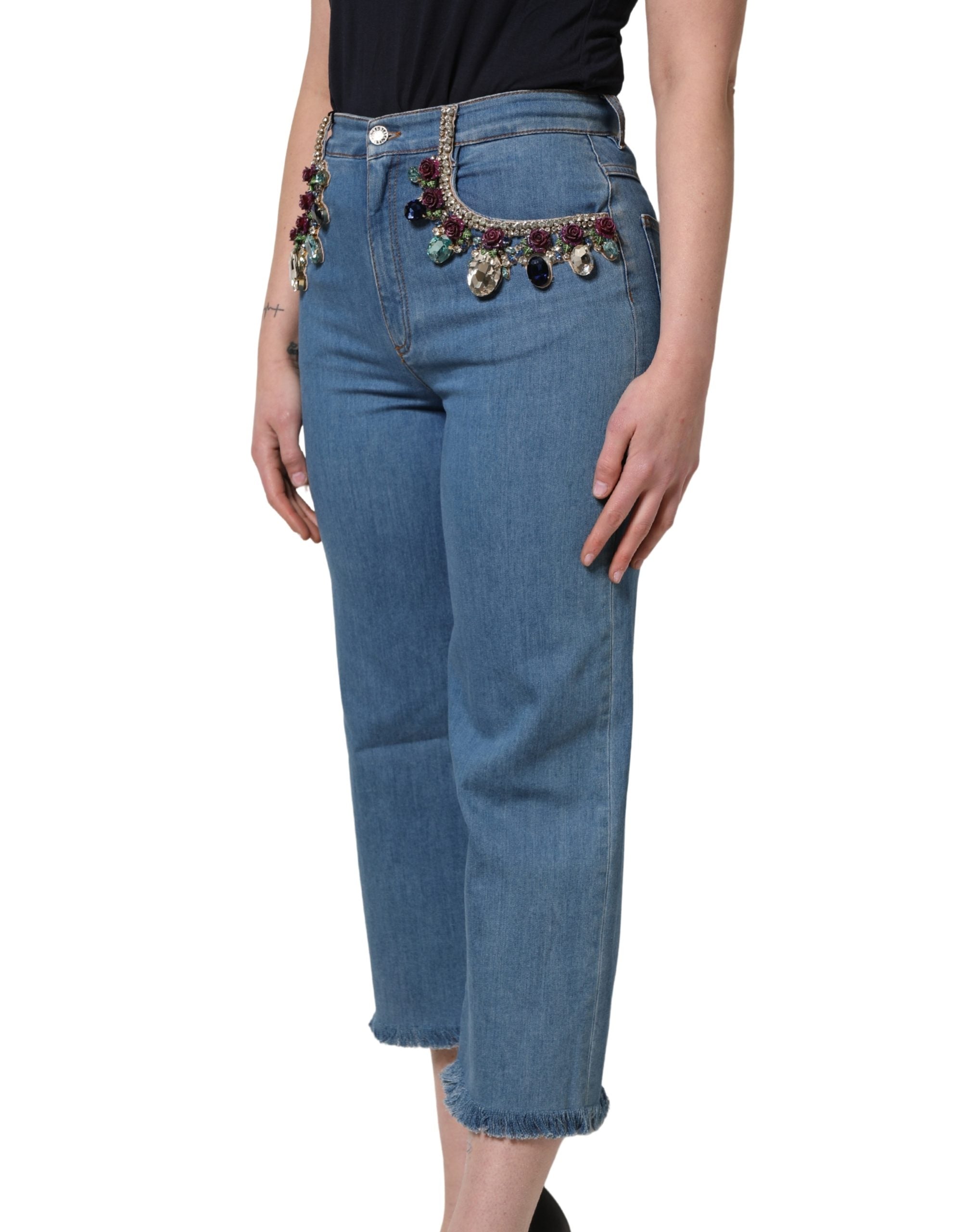 Dolce & Gabbana Blue Embellished Denim Wide-Leg Crop Jeans