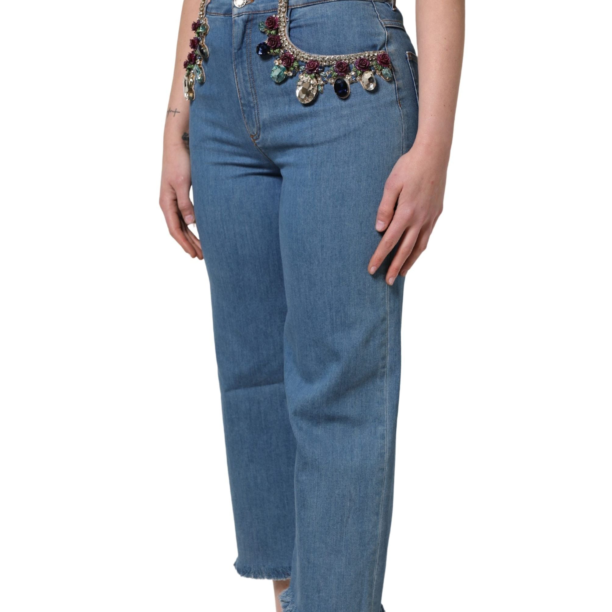 Dolce & Gabbana Blue Embellished Denim Wide-Leg Crop Jeans