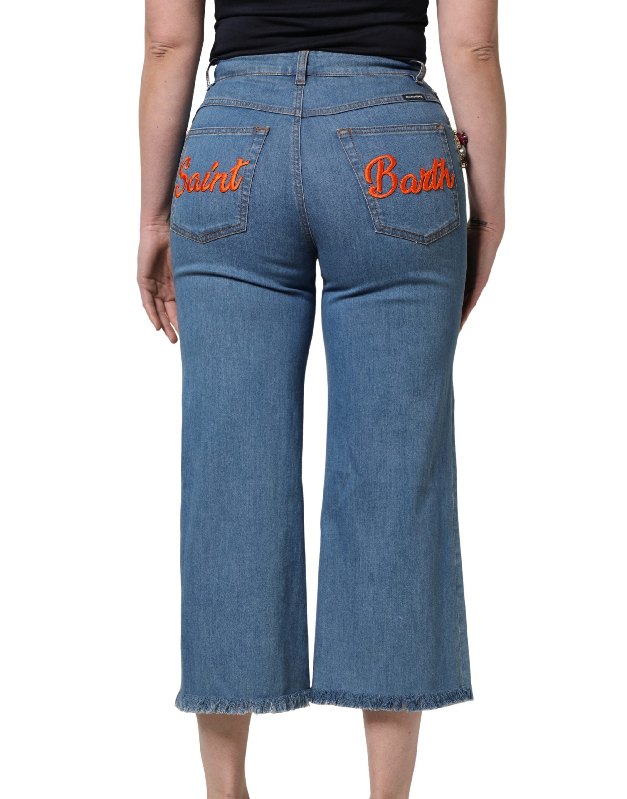 Dolce & Gabbana Blue Embellished Denim Wide-Leg Crop Jeans