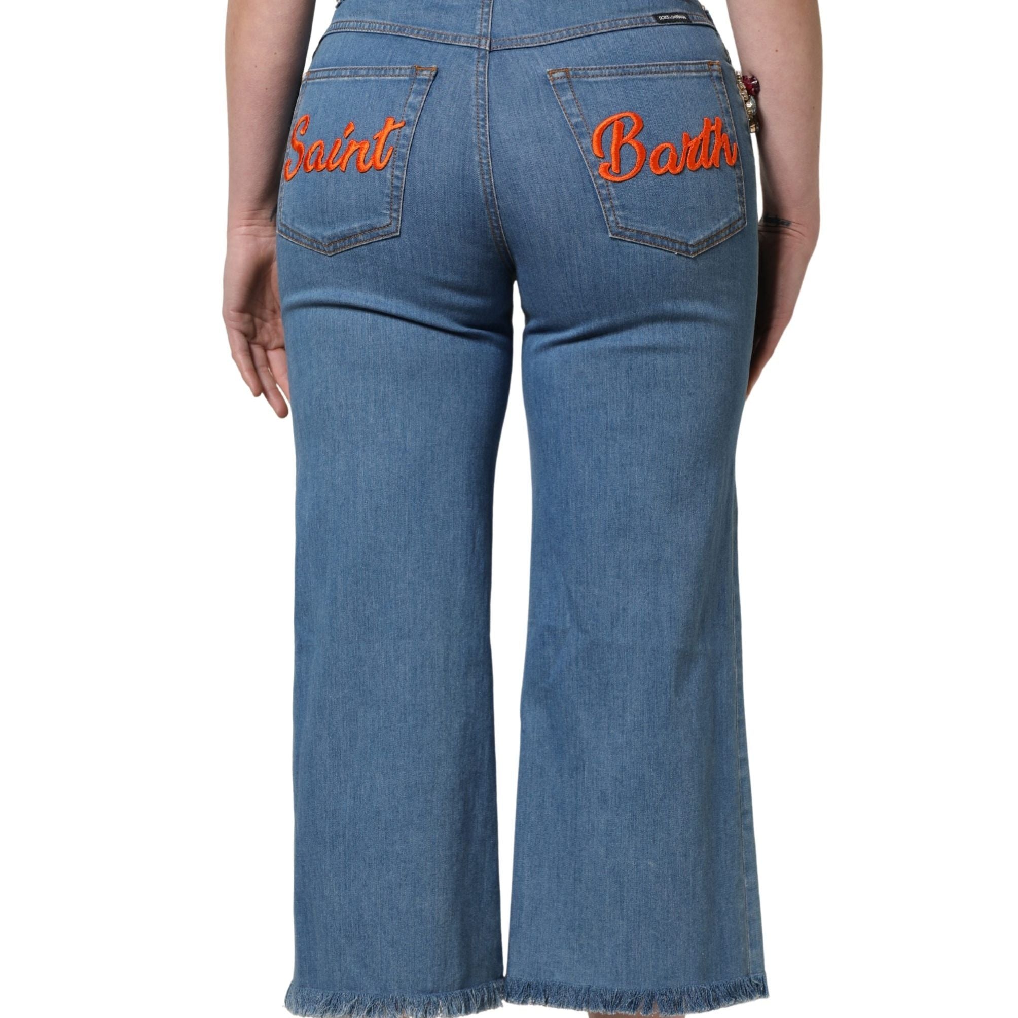 Dolce & Gabbana Blue Embellished Denim Wide-Leg Crop Jeans