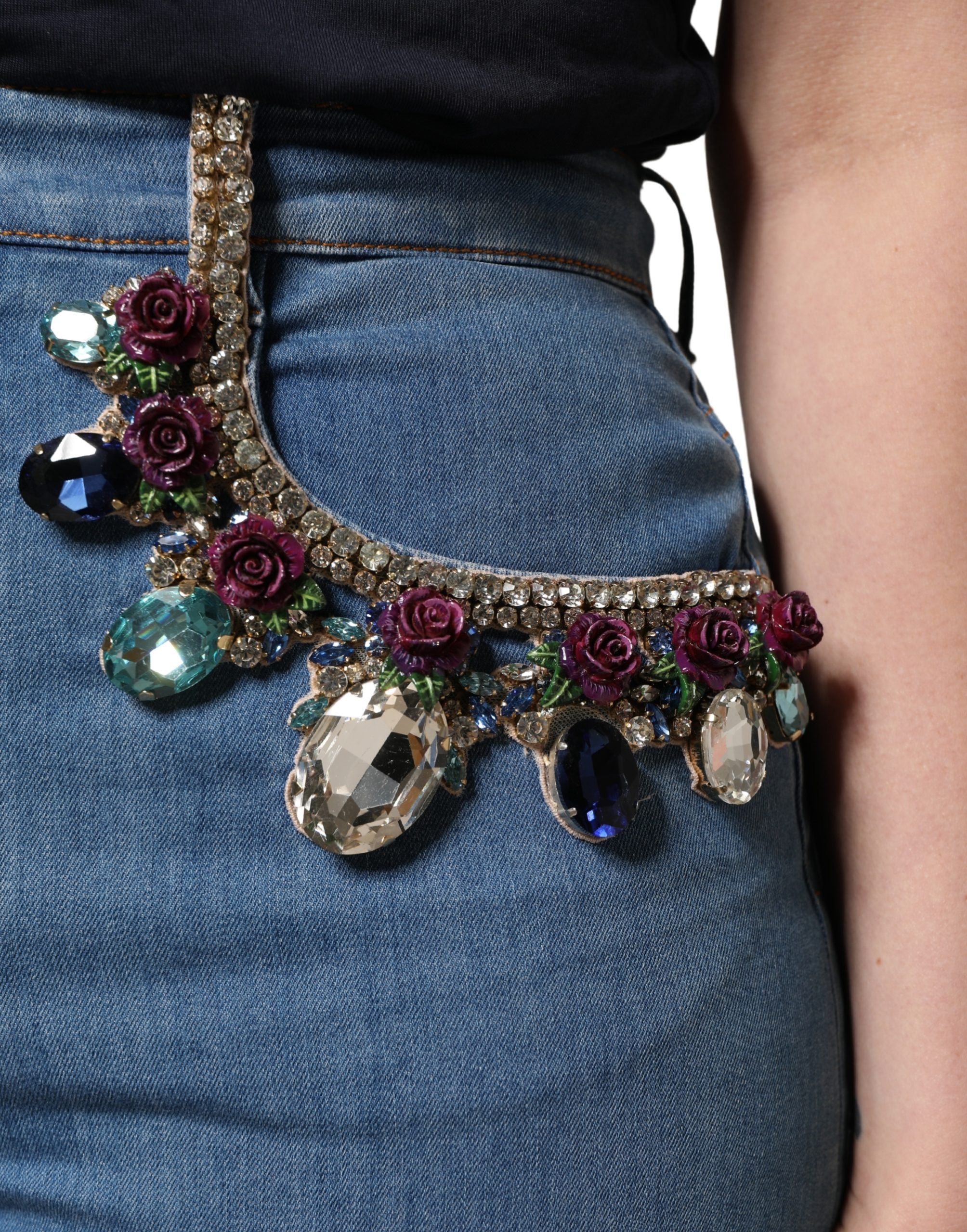 Dolce & Gabbana Blue Embellished Denim Wide-Leg Crop Jeans