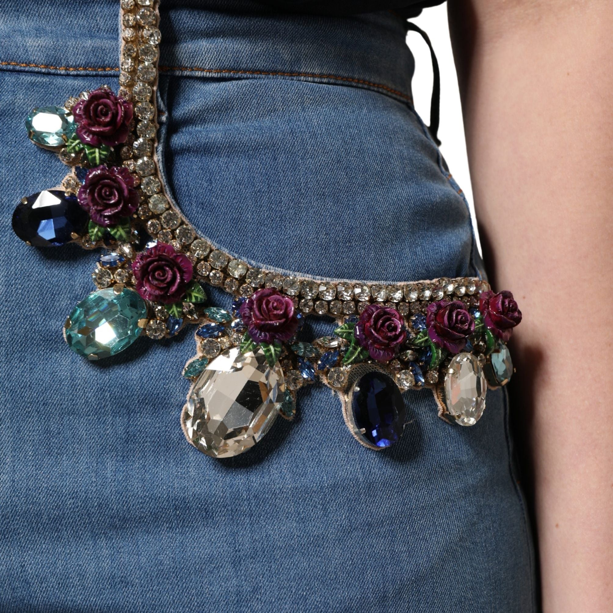 Dolce & Gabbana Blue Embellished Denim Wide-Leg Crop Jeans