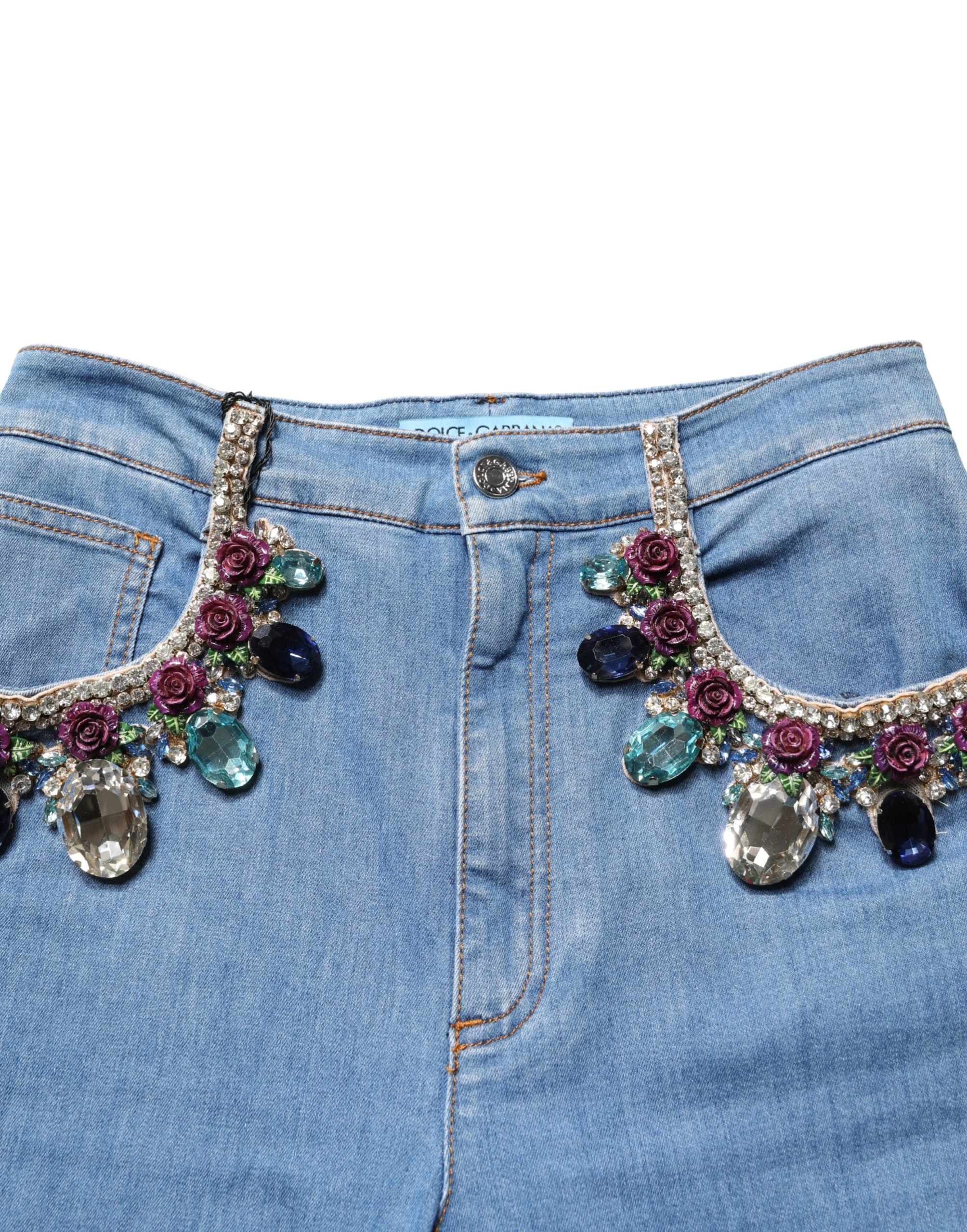 Dolce & Gabbana Blue Embellished Denim Wide-Leg Crop Jeans