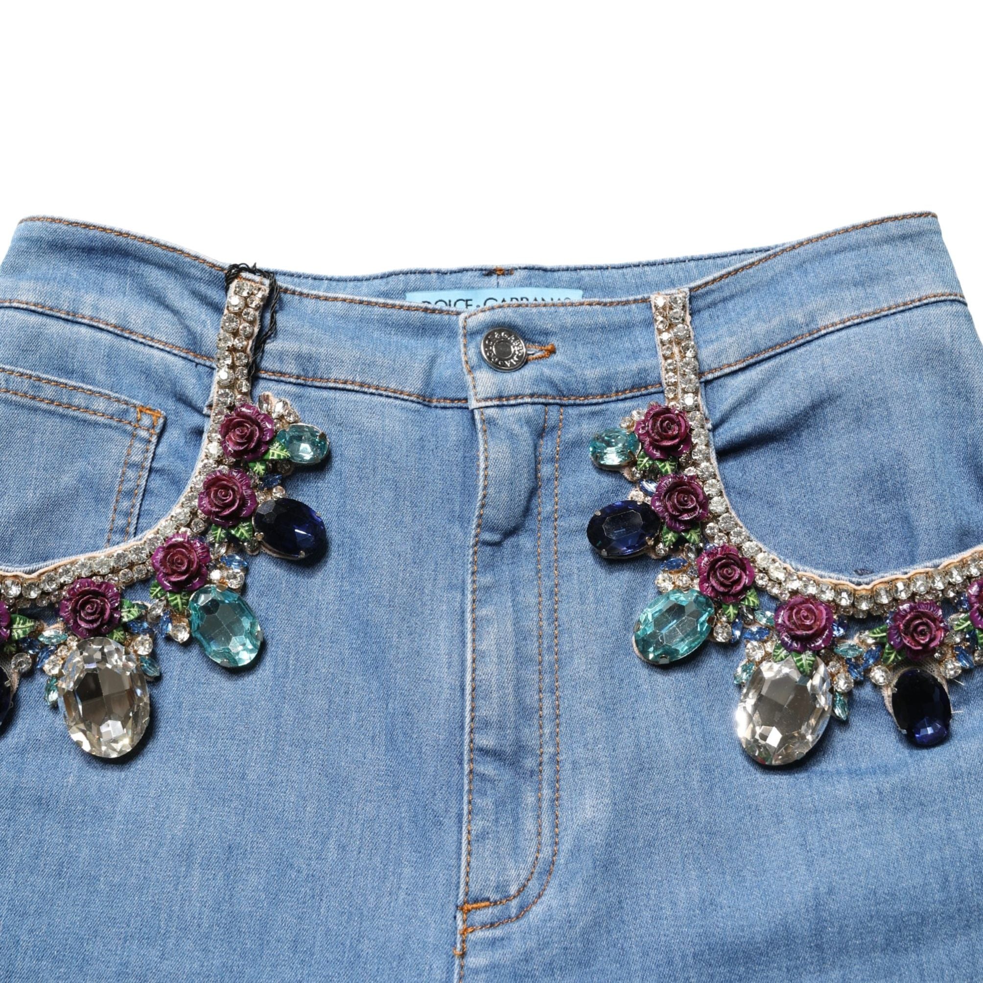 Dolce & Gabbana Blue Embellished Denim Wide-Leg Crop Jeans