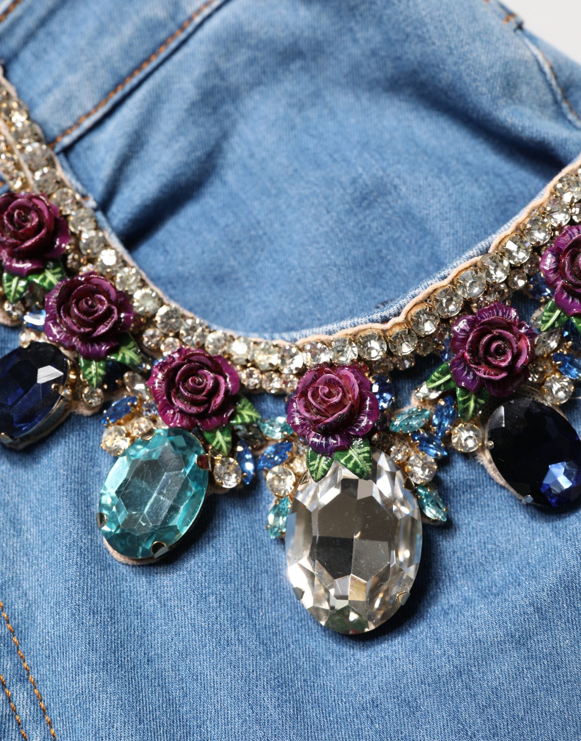 Dolce & Gabbana Blue Embellished Denim Wide-Leg Crop Jeans