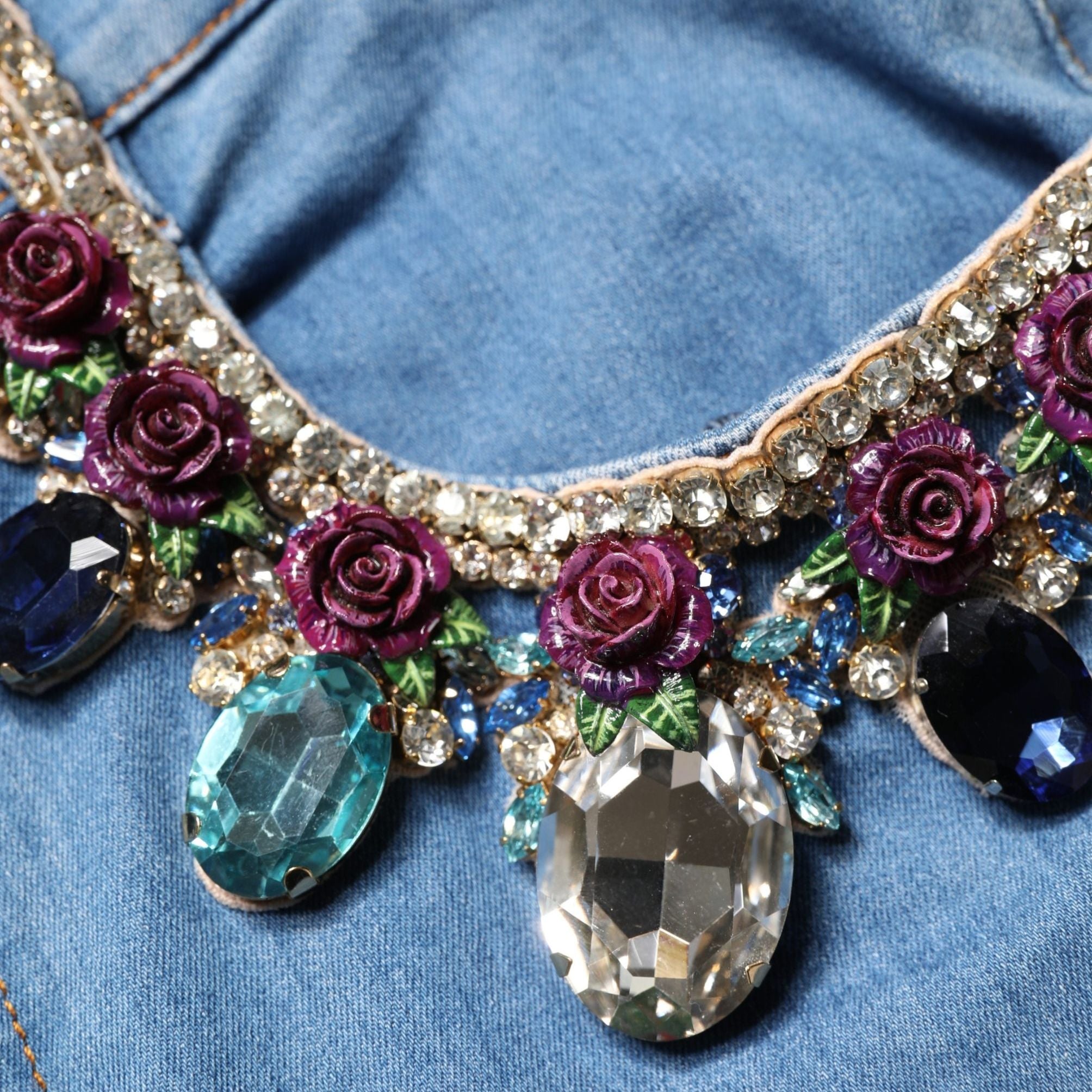 Dolce & Gabbana Blue Embellished Denim Wide-Leg Crop Jeans