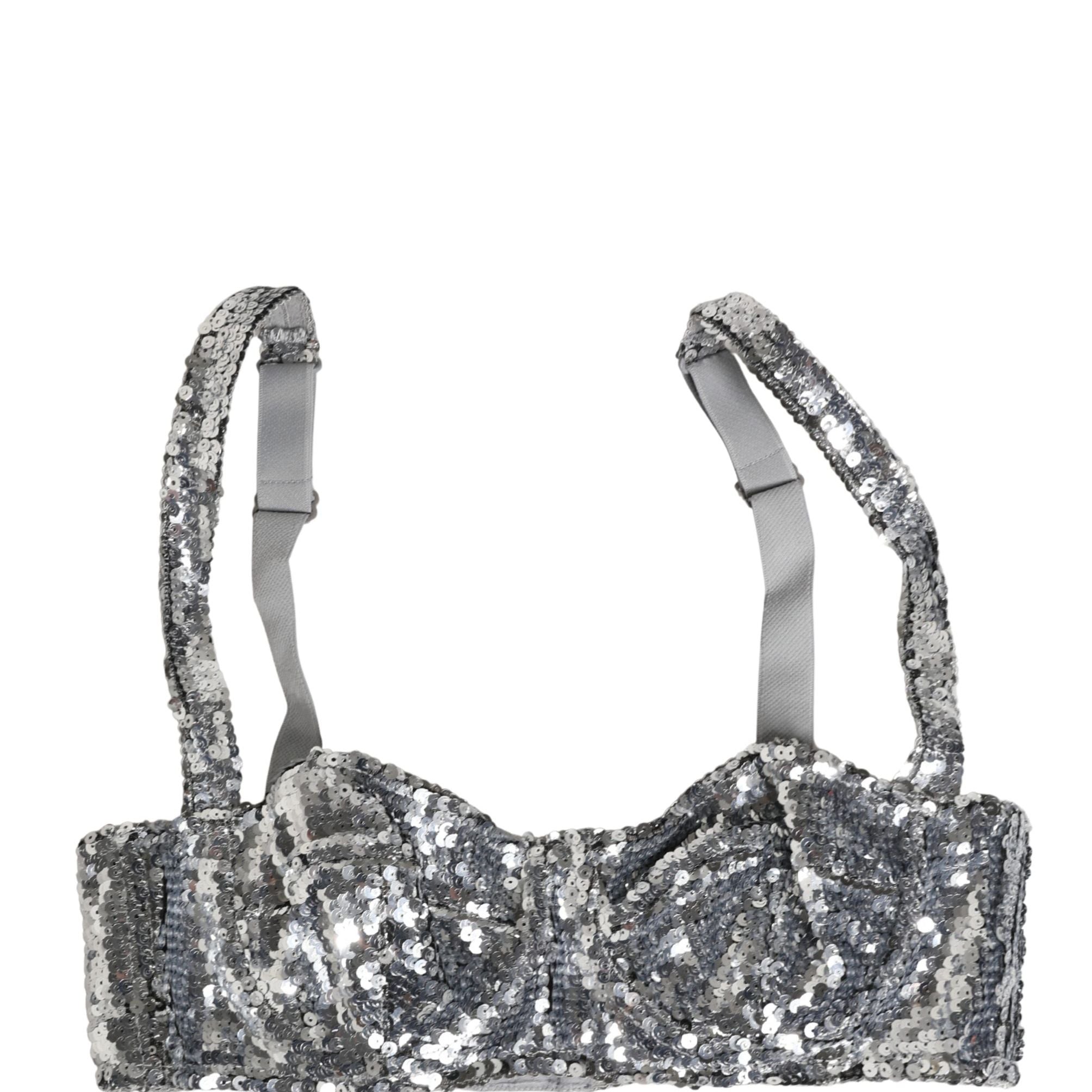 Dolce & Gabbana Silver Sequined Nyon Balconnet Bra Underwear
