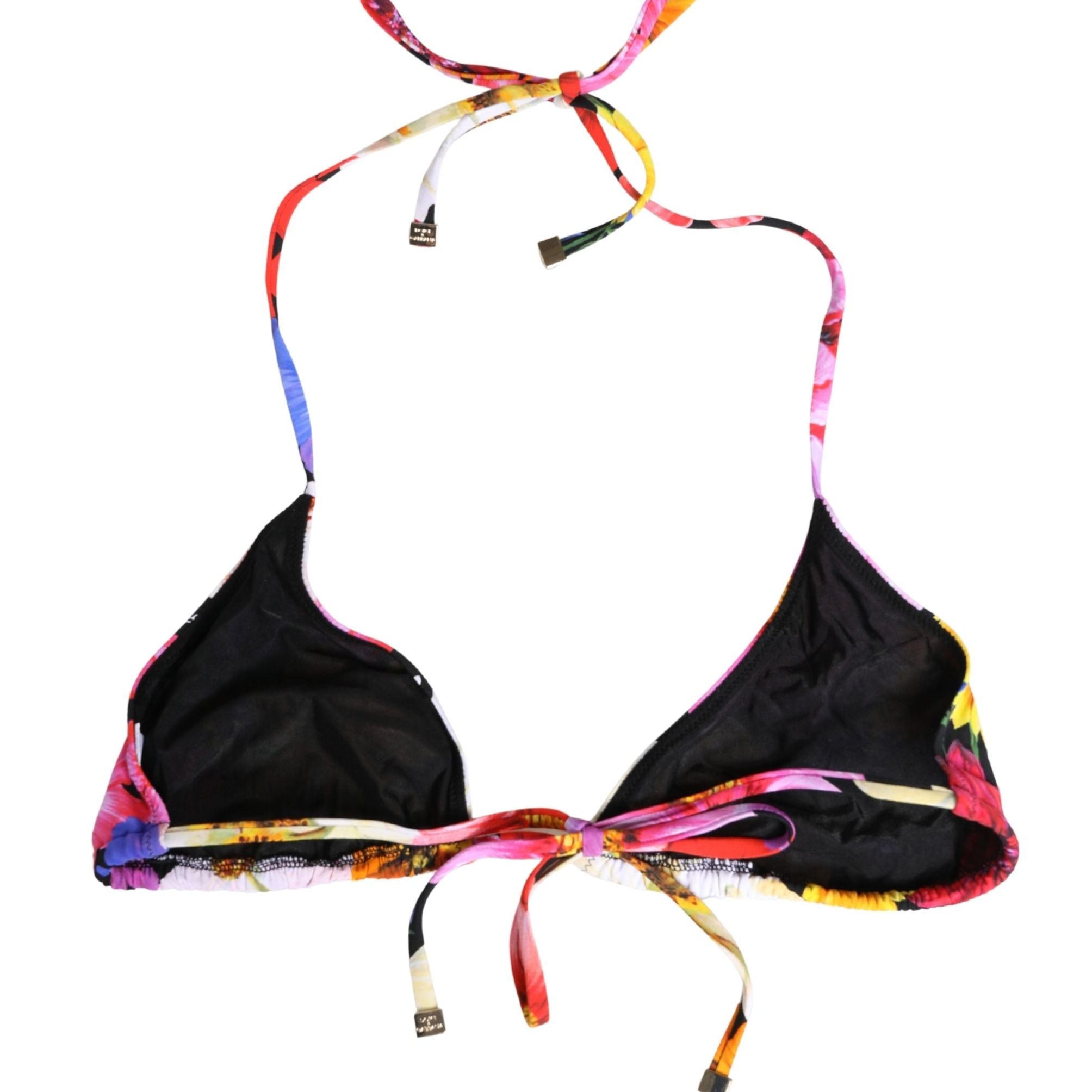 Dolce & Gabbana Black Floral Print Nylon Halter Bikini Top Swimwear