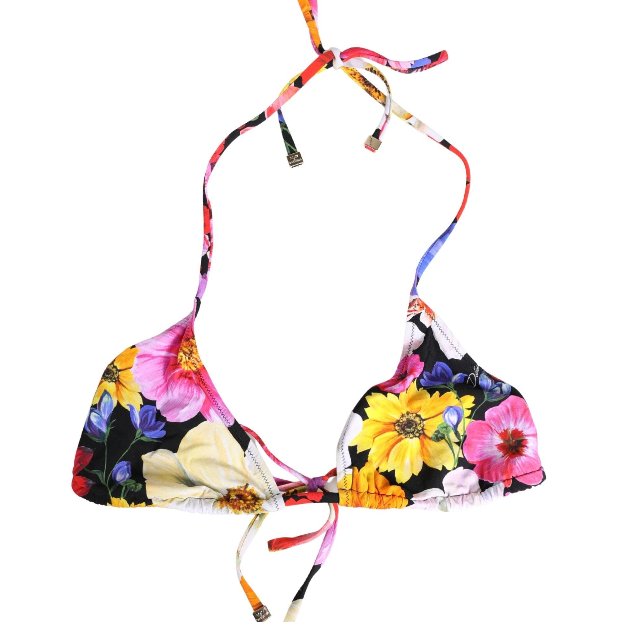 Dolce & Gabbana Black Floral Print Nylon Halter Bikini Top Swimwear
