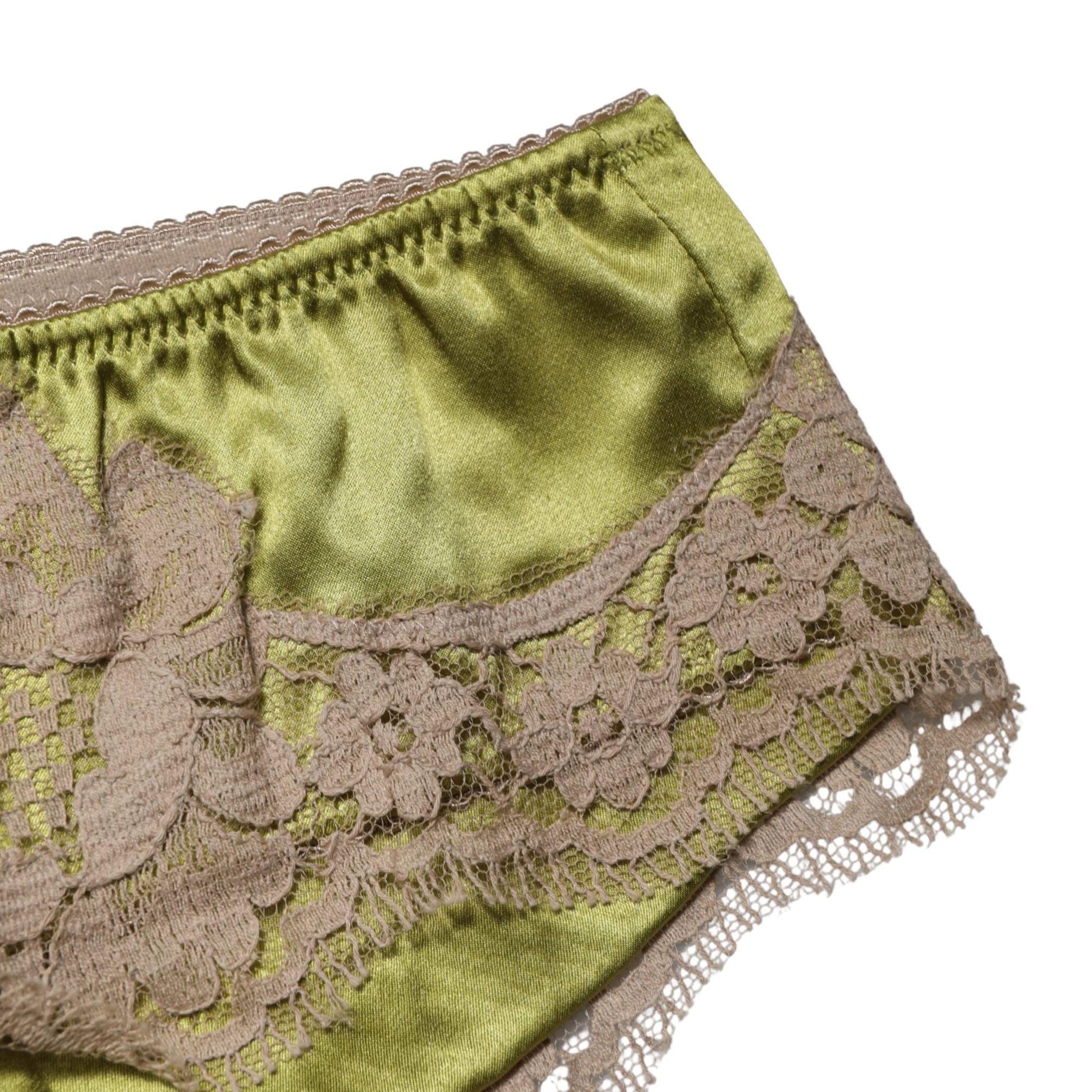 Dolce & Gabbana Underwear Green Silk Satin Floral Lace Panty Brief