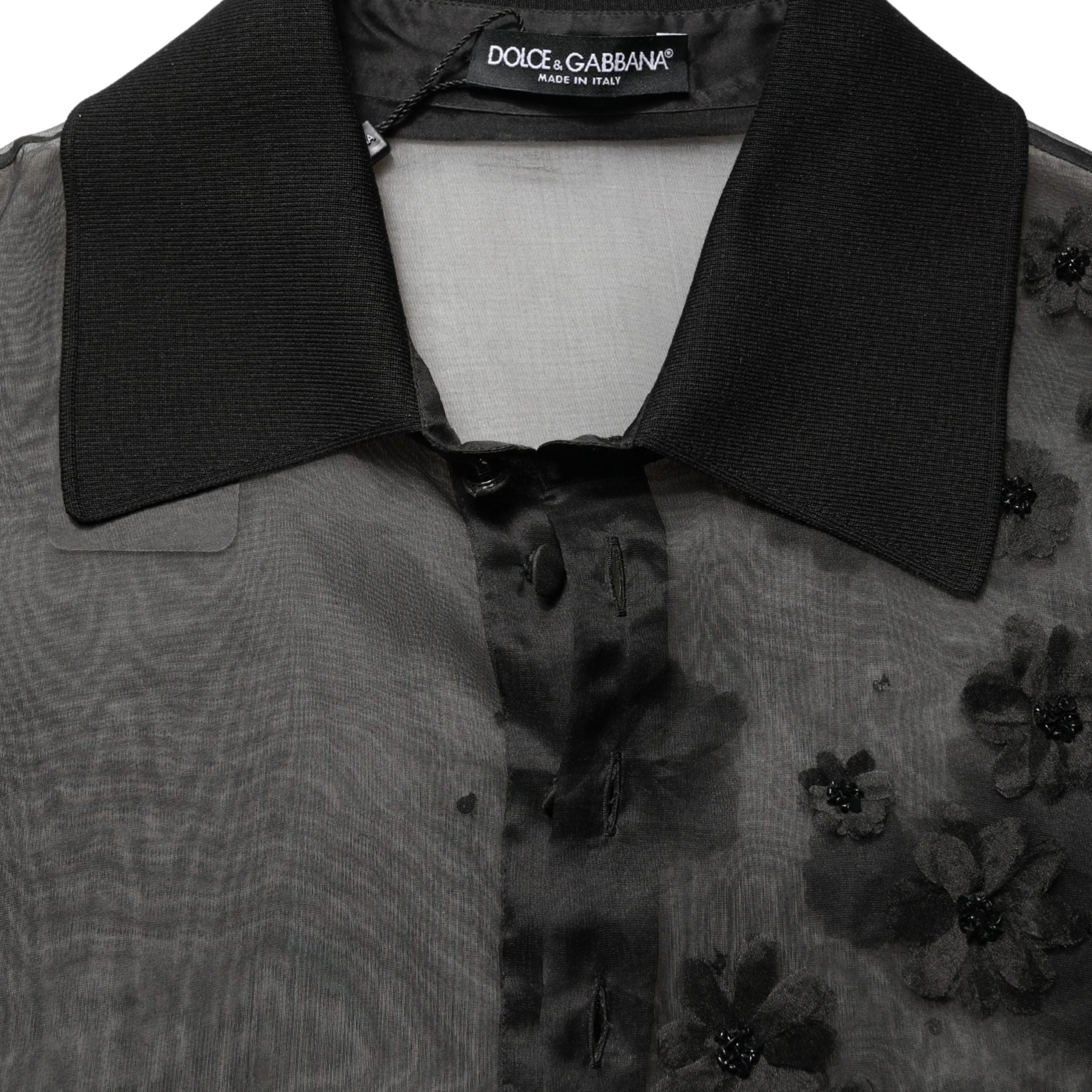 Dolce & Gabbana Black Floral Applique Sheer Short Sleeve Shirt