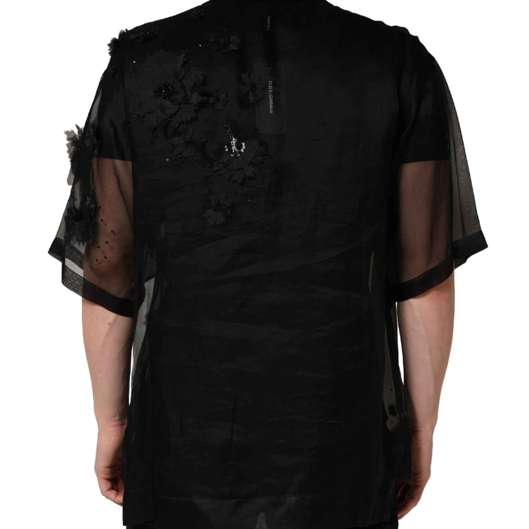 Dolce & Gabbana Black Floral Applique Sheer Short Sleeve Shirt