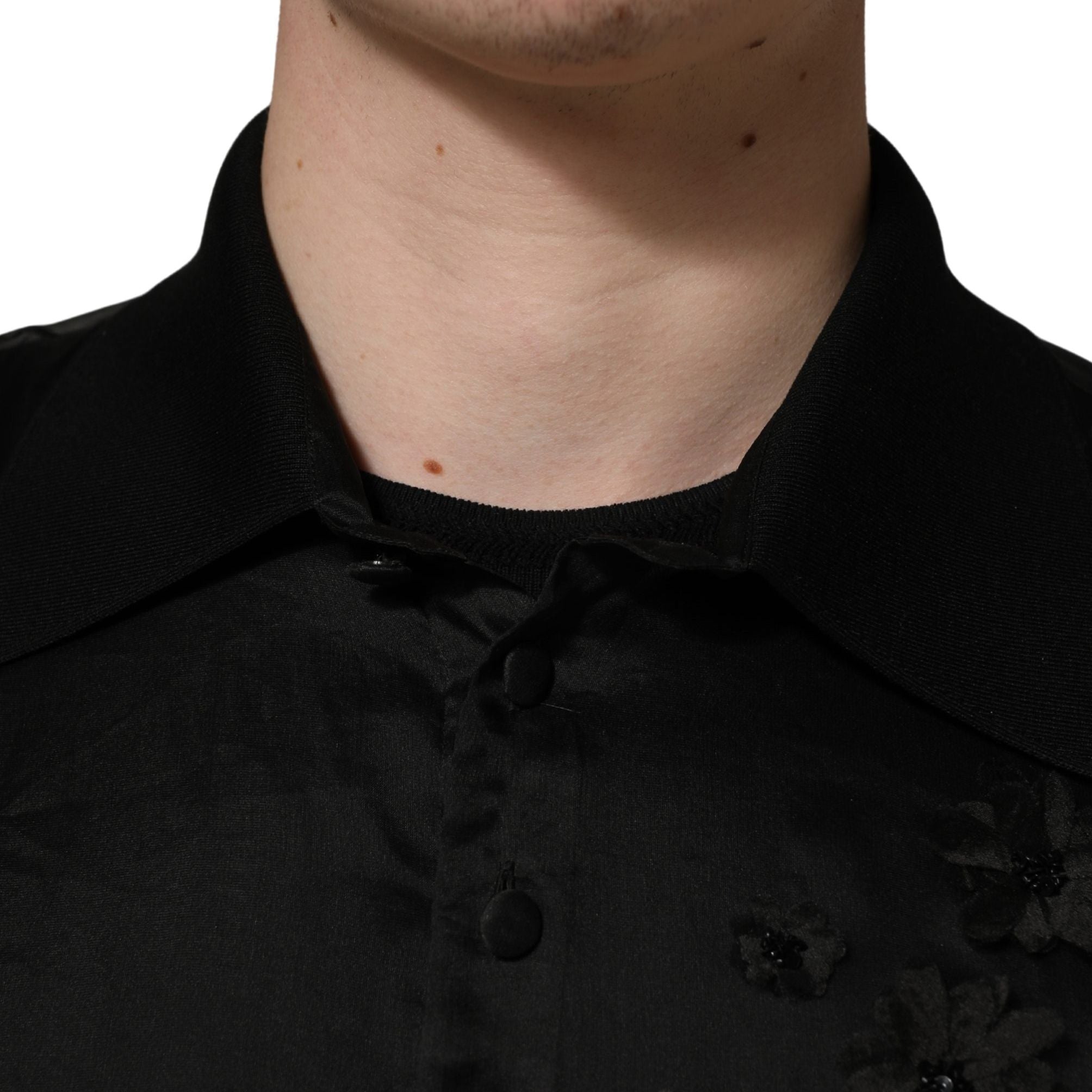 Dolce & Gabbana Black Floral Applique Sheer Short Sleeve Shirt