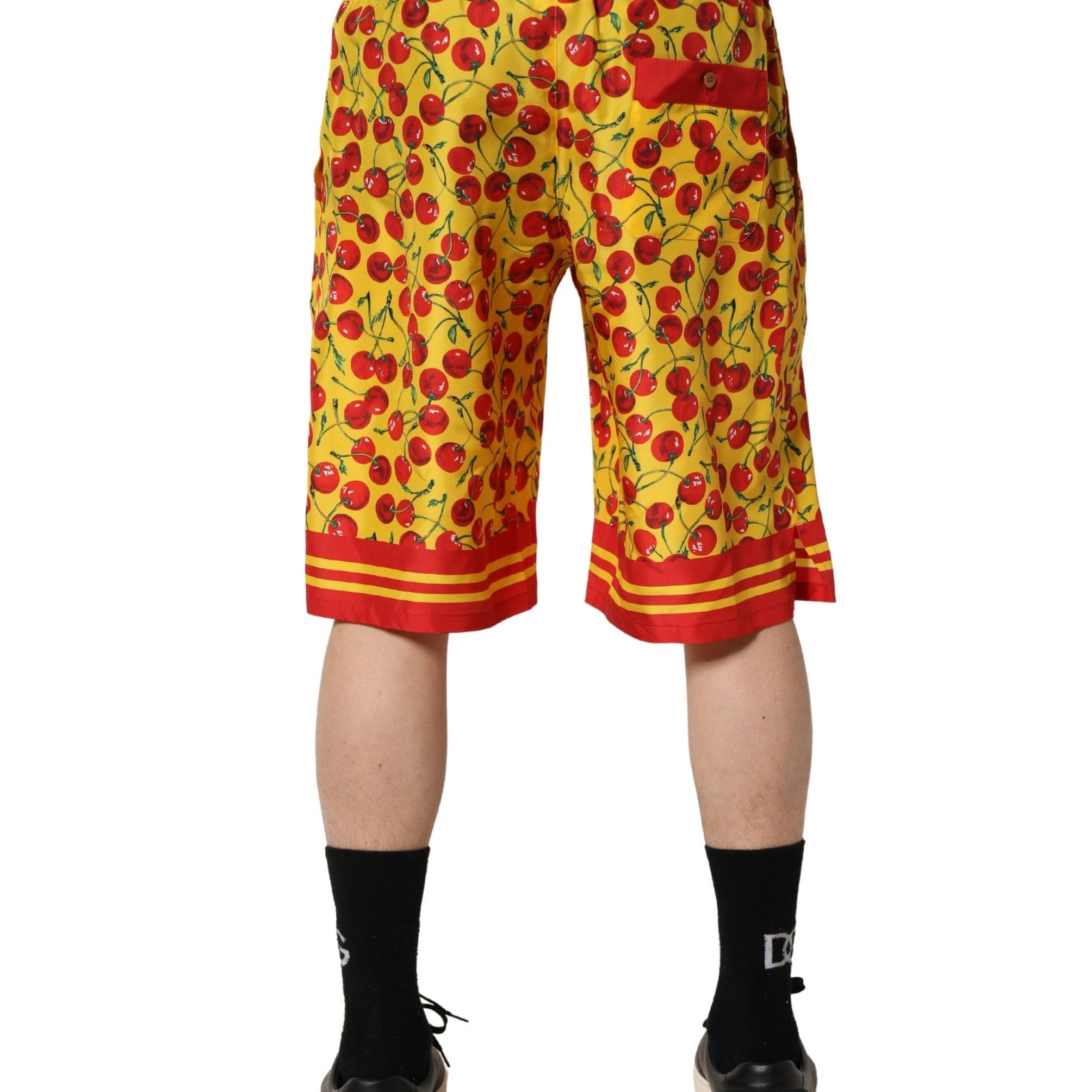 Dolce & Gabbana Yellow Red Cherry Print Silk Bermuda Shorts