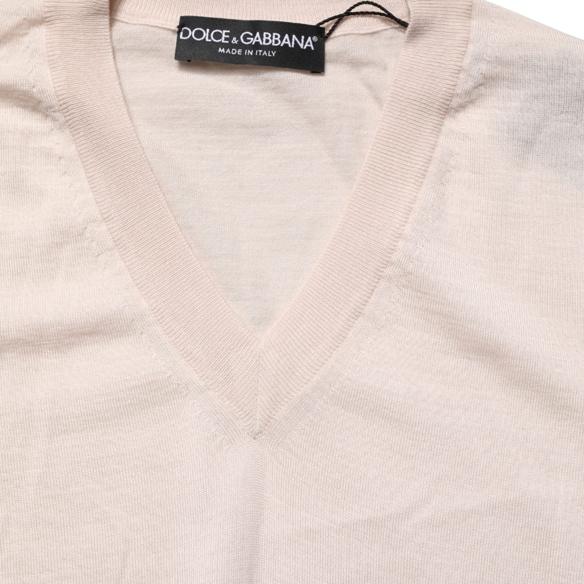 Dolce & Gabbana Beige Cashmere V-neck Men Pullover Sweater