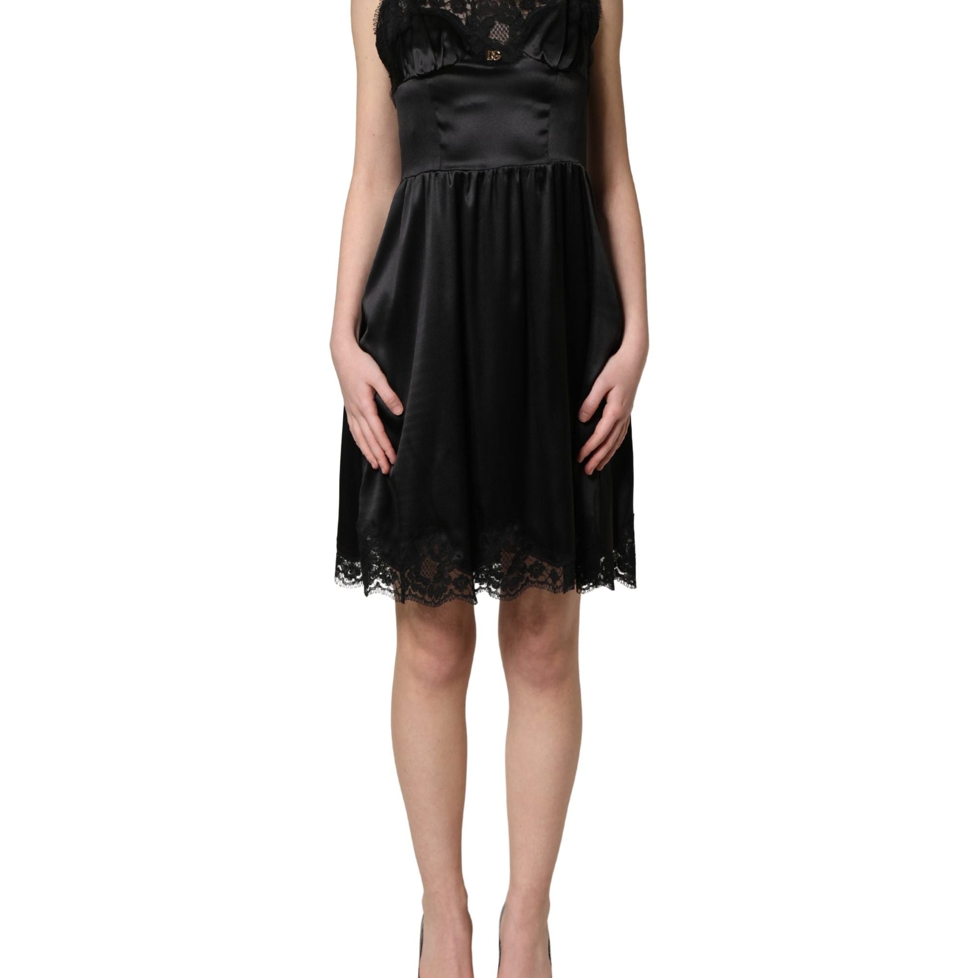 Dolce & Gabbana Black Silk Satin Lace Sleeveless Mini Dress