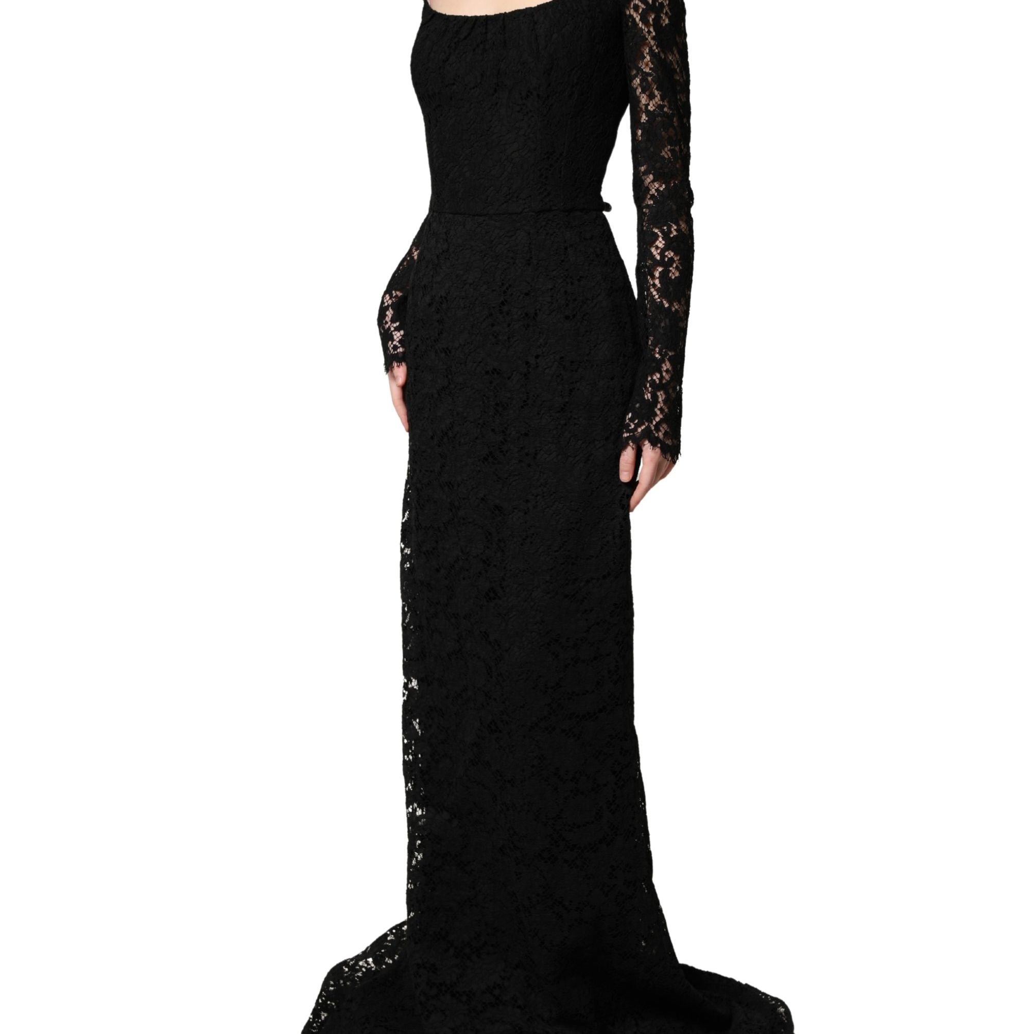 Dolce & Gabbana Black Lace Square Neck LongSleeve Maxi Dress