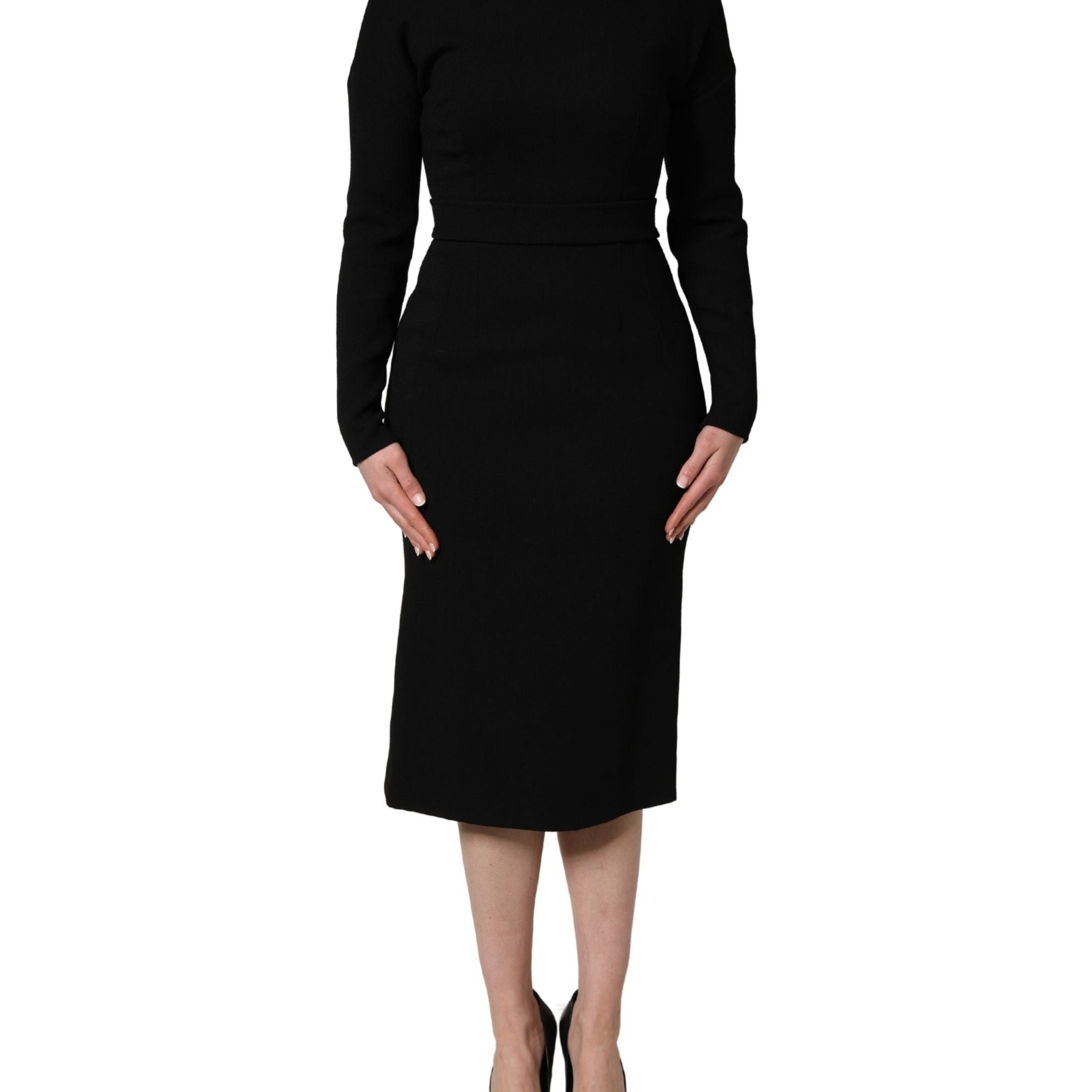 Dolce & Gabbana Black Wool Crepe Long Sleeves Midi Dress