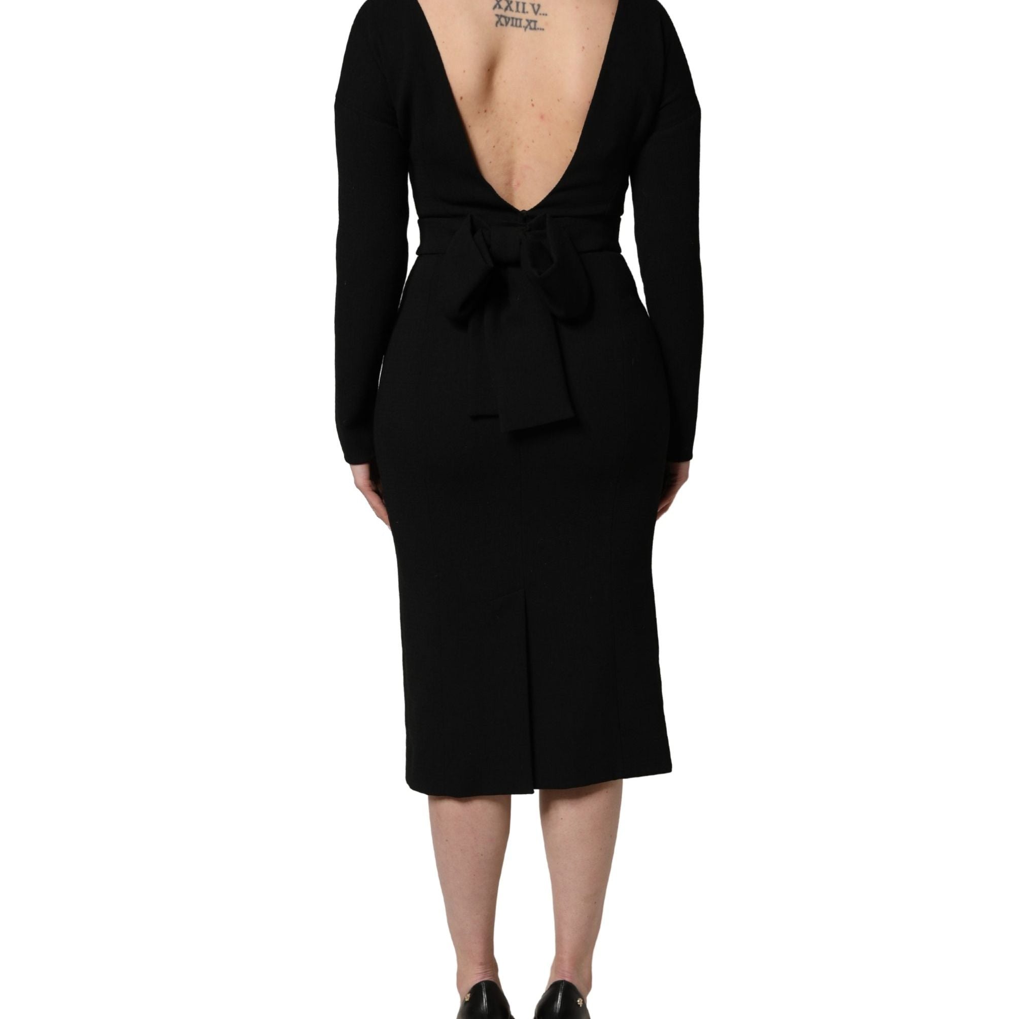 Dolce & Gabbana Black Wool Crepe Long Sleeves Midi Dress