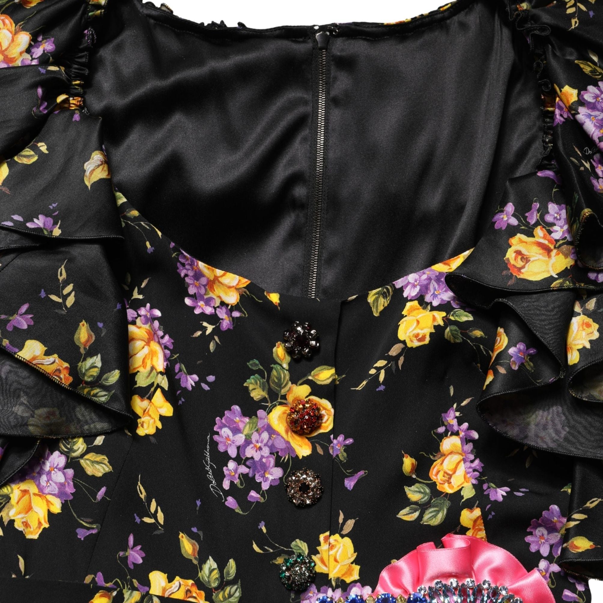 Dolce & Gabbana Black Purple Crystal Brooch Silk Midi Dress