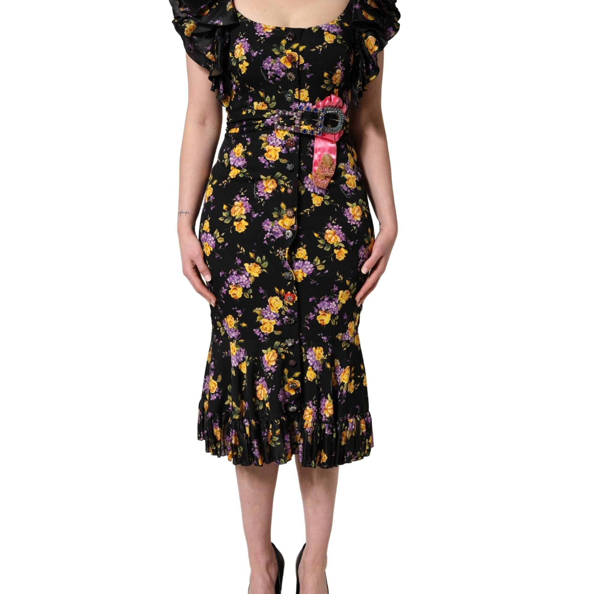 Dolce & Gabbana Black Purple Crystal Brooch Silk Midi Dress