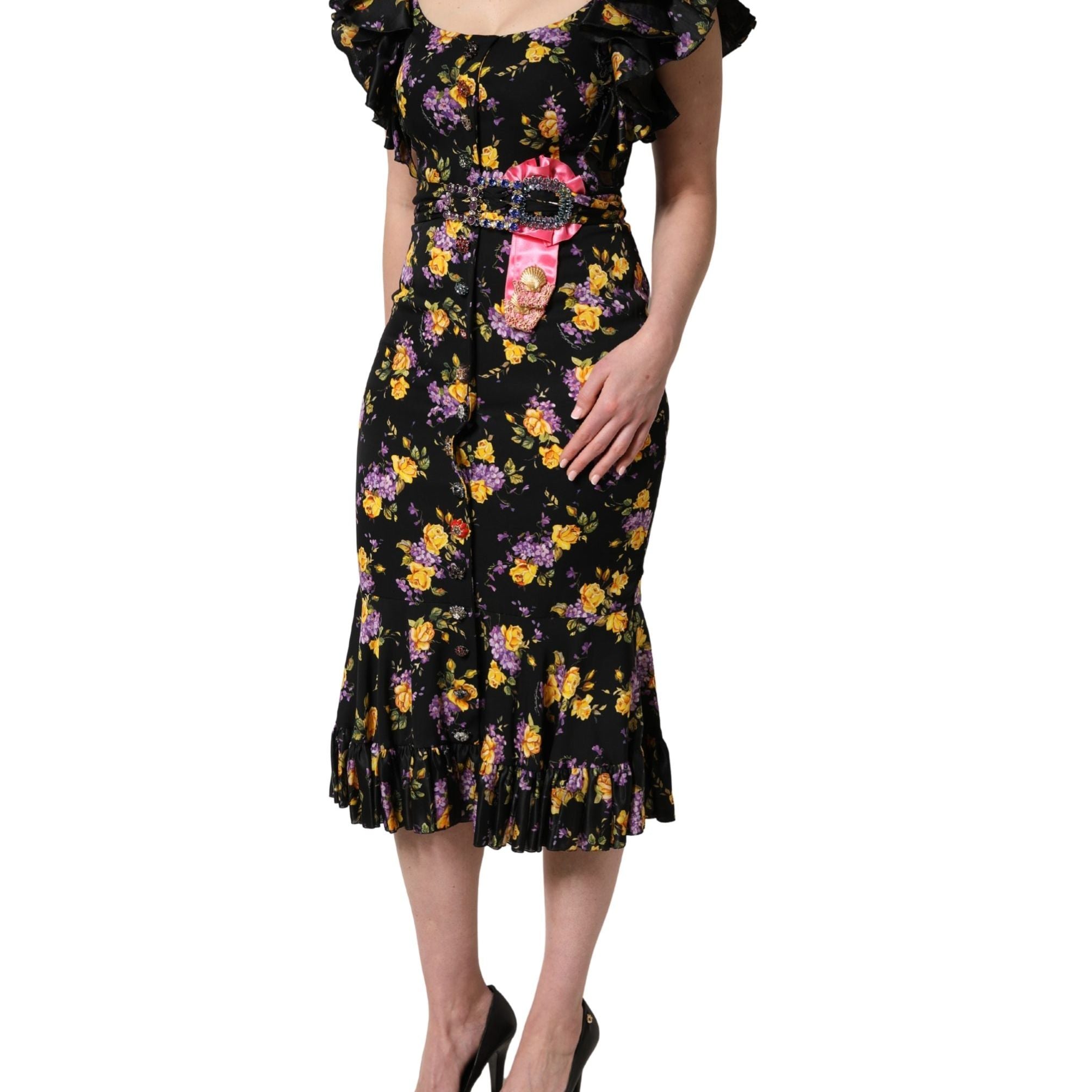 Dolce & Gabbana Black Purple Crystal Brooch Silk Midi Dress