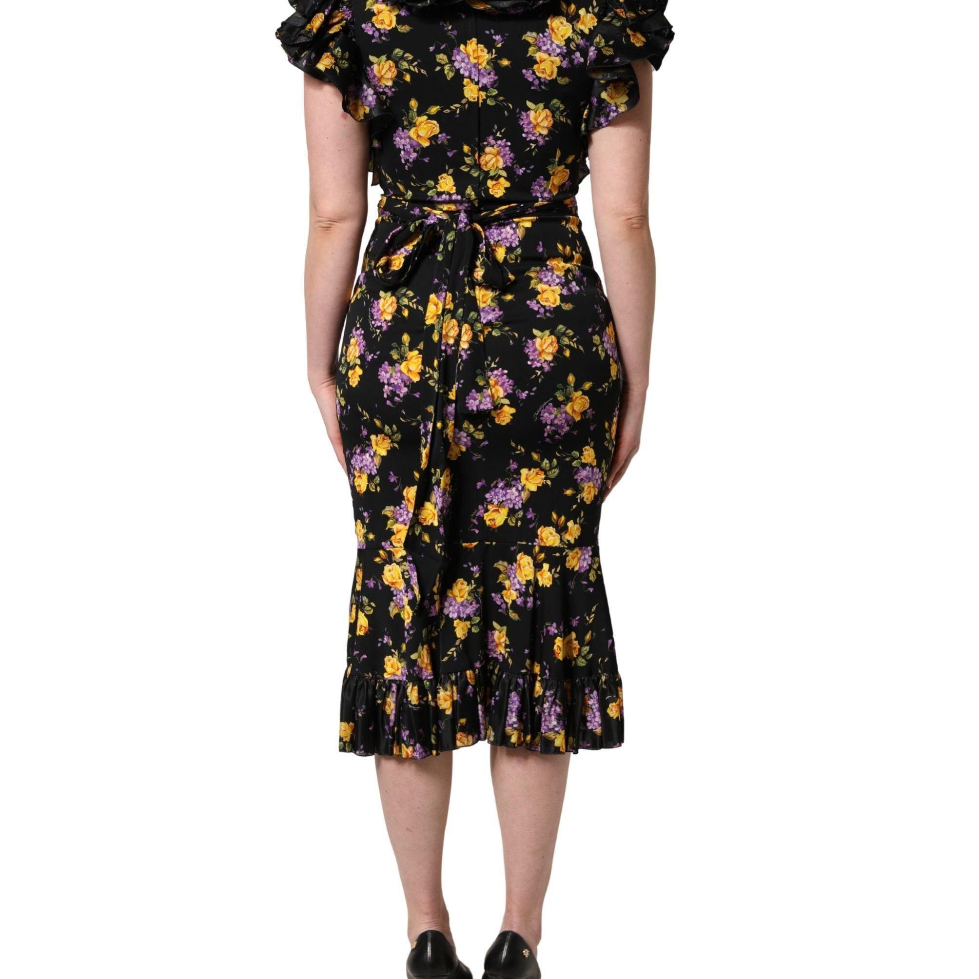 Dolce & Gabbana Black Purple Crystal Brooch Silk Midi Dress