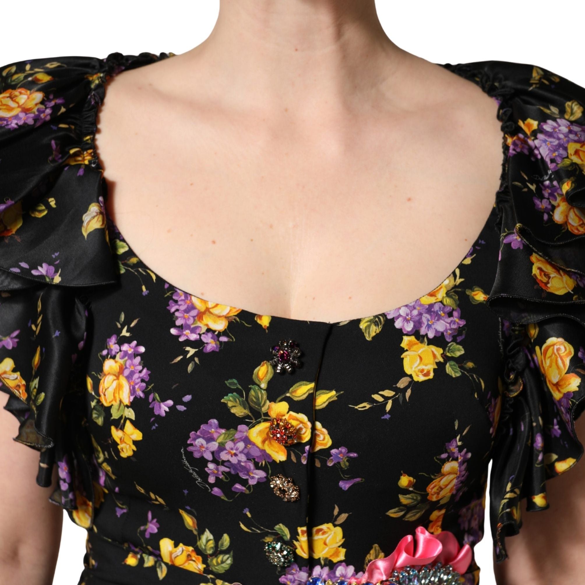 Dolce & Gabbana Black Purple Crystal Brooch Silk Midi Dress