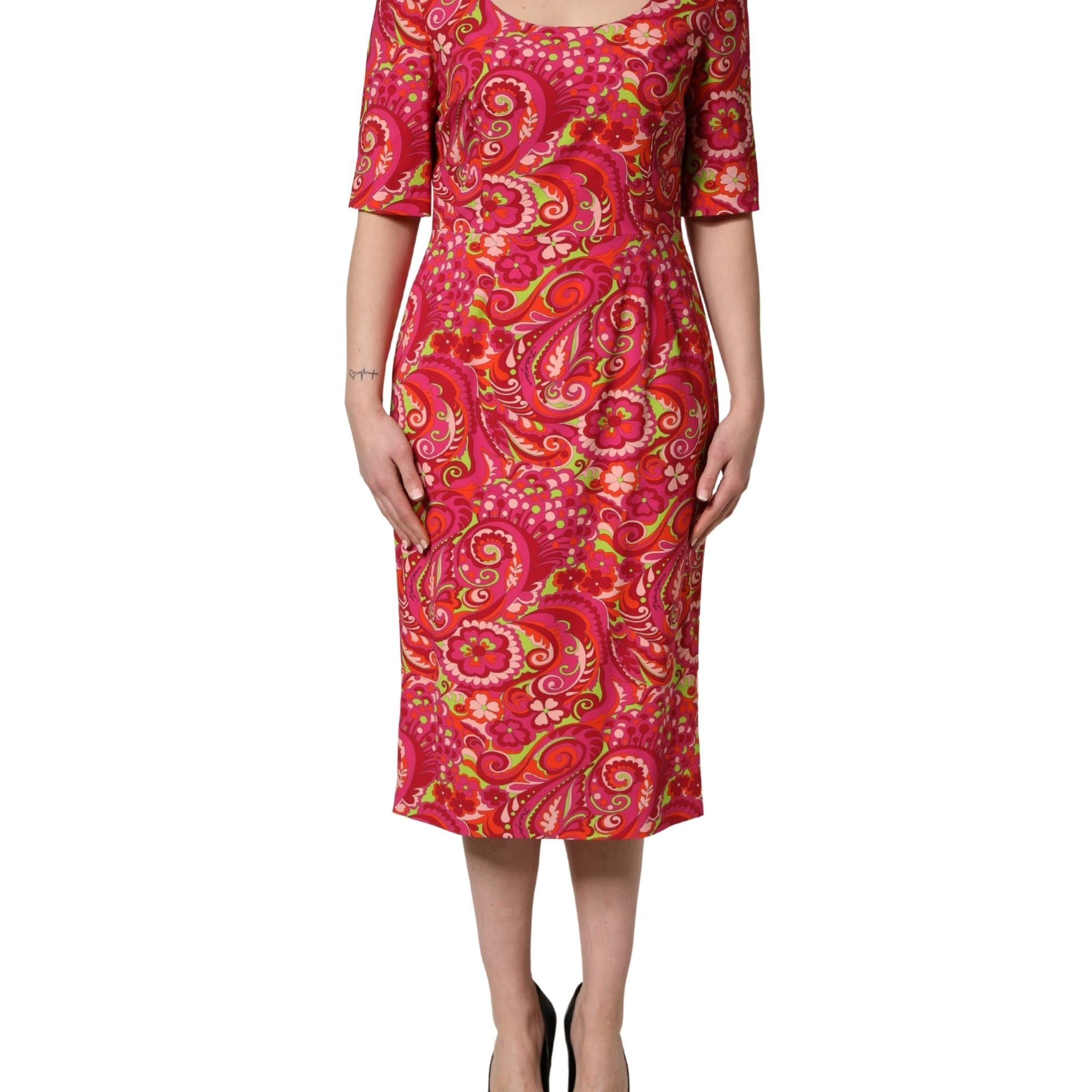 Dolce & Gabbana Red Paisley Floral Print Sheath Midi Dress