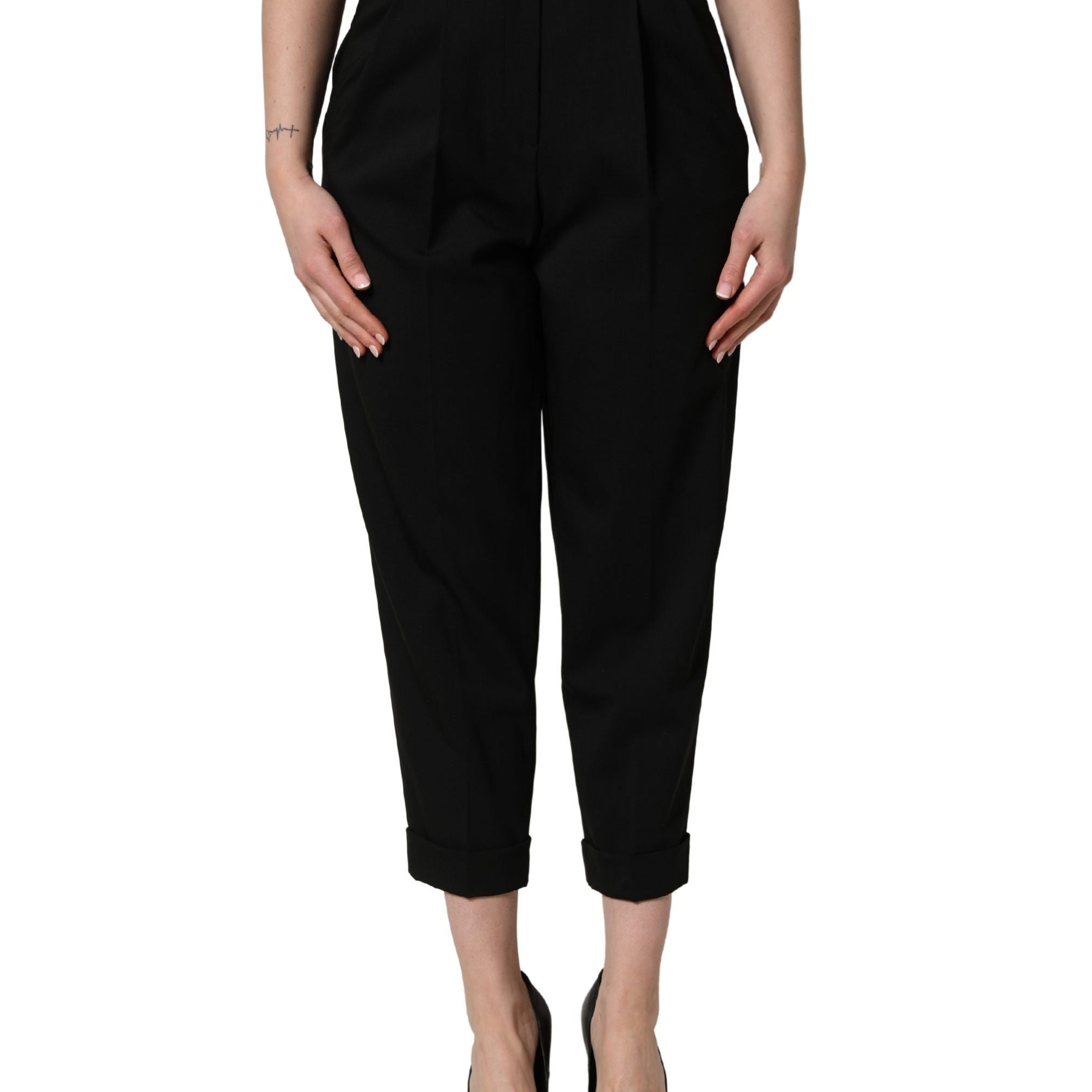Dolce & Gabbana Black Wool High Waist Cropped Trouser Pants