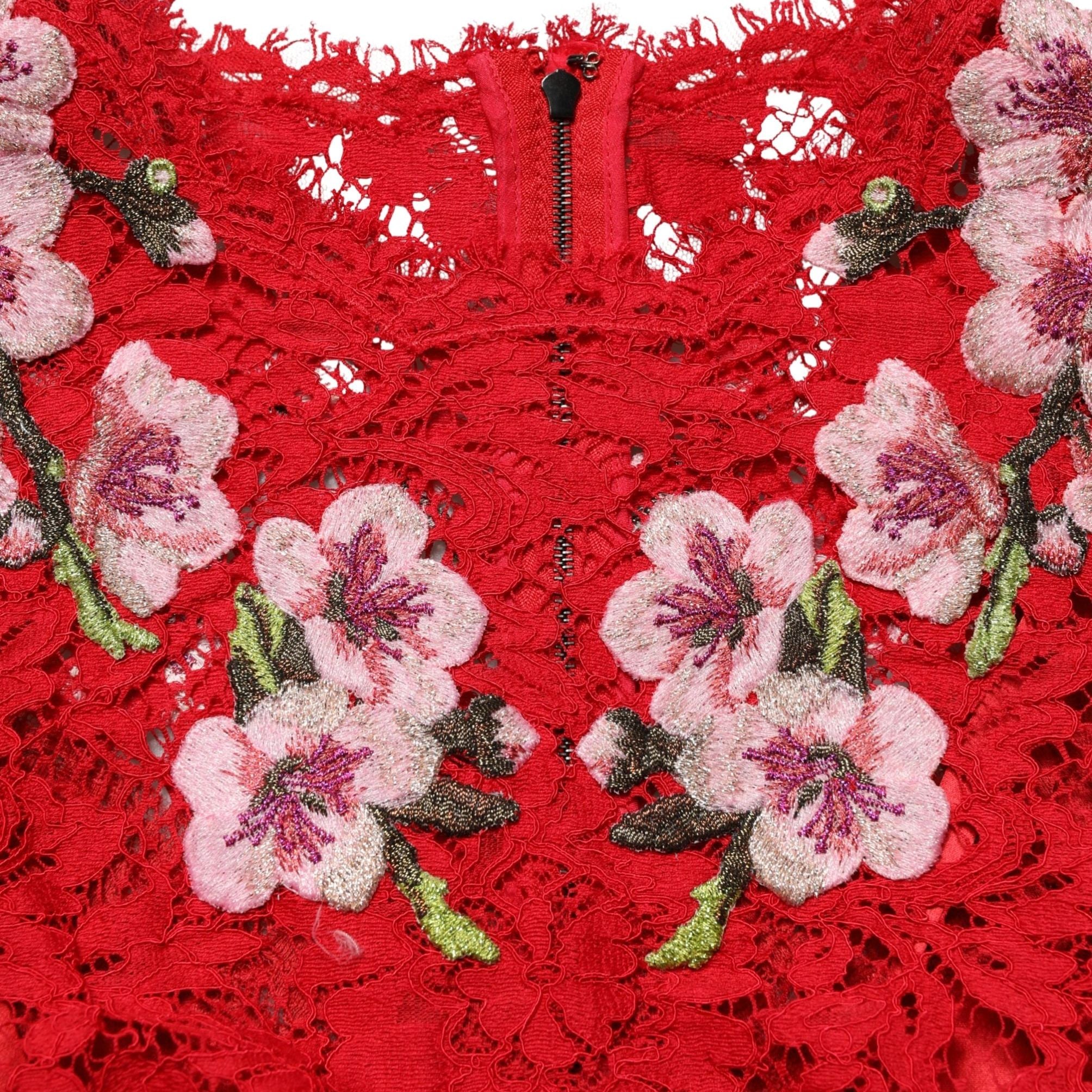 Dolce & Gabbana Red Lace Floral Embroidery Long Sleeves Top
