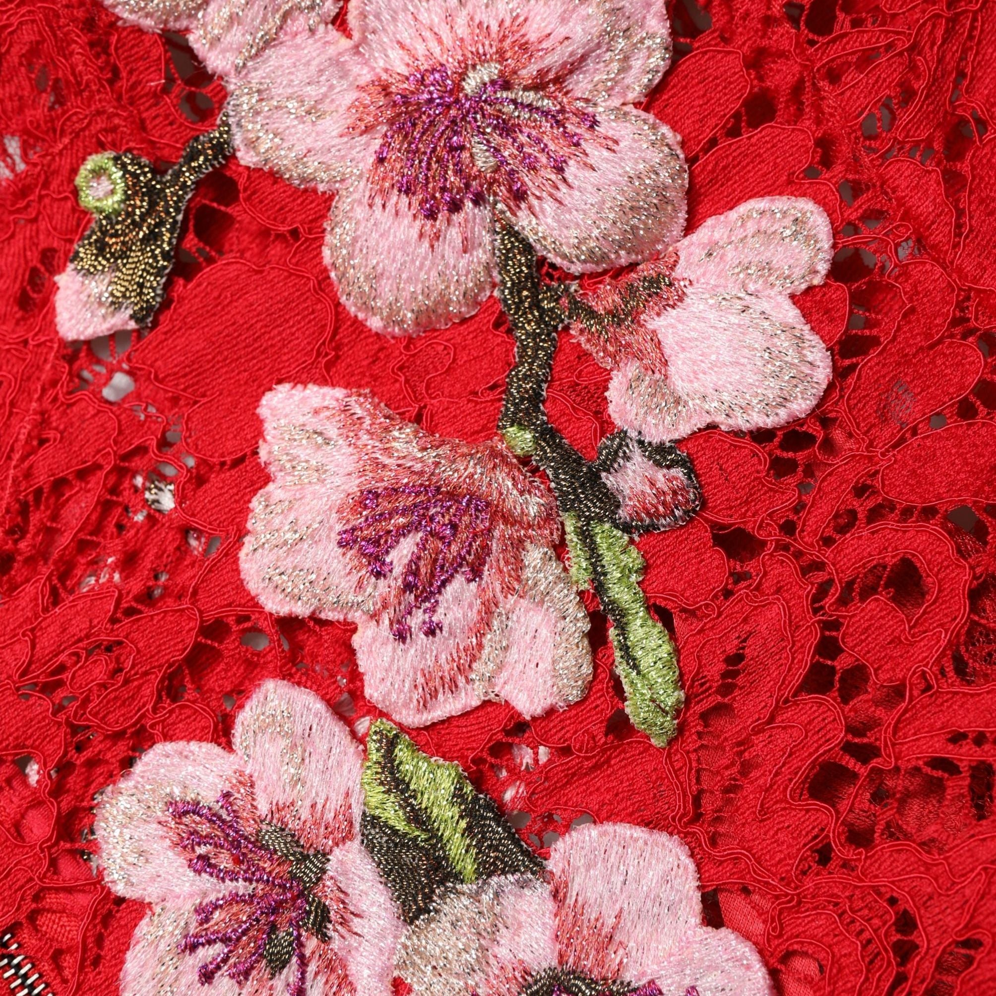 Dolce & Gabbana Red Lace Floral Embroidery Long Sleeves Top