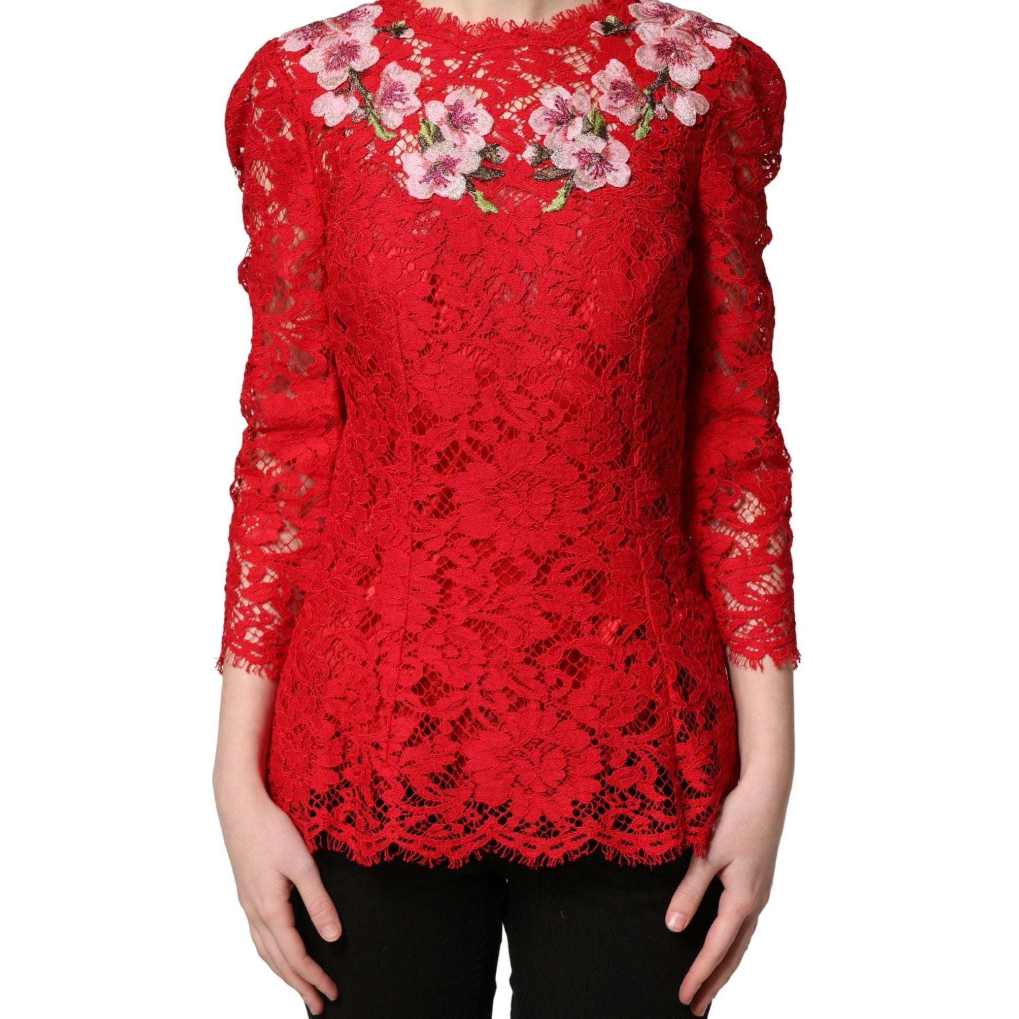 Dolce & Gabbana Red Lace Floral Embroidery Long Sleeves Top