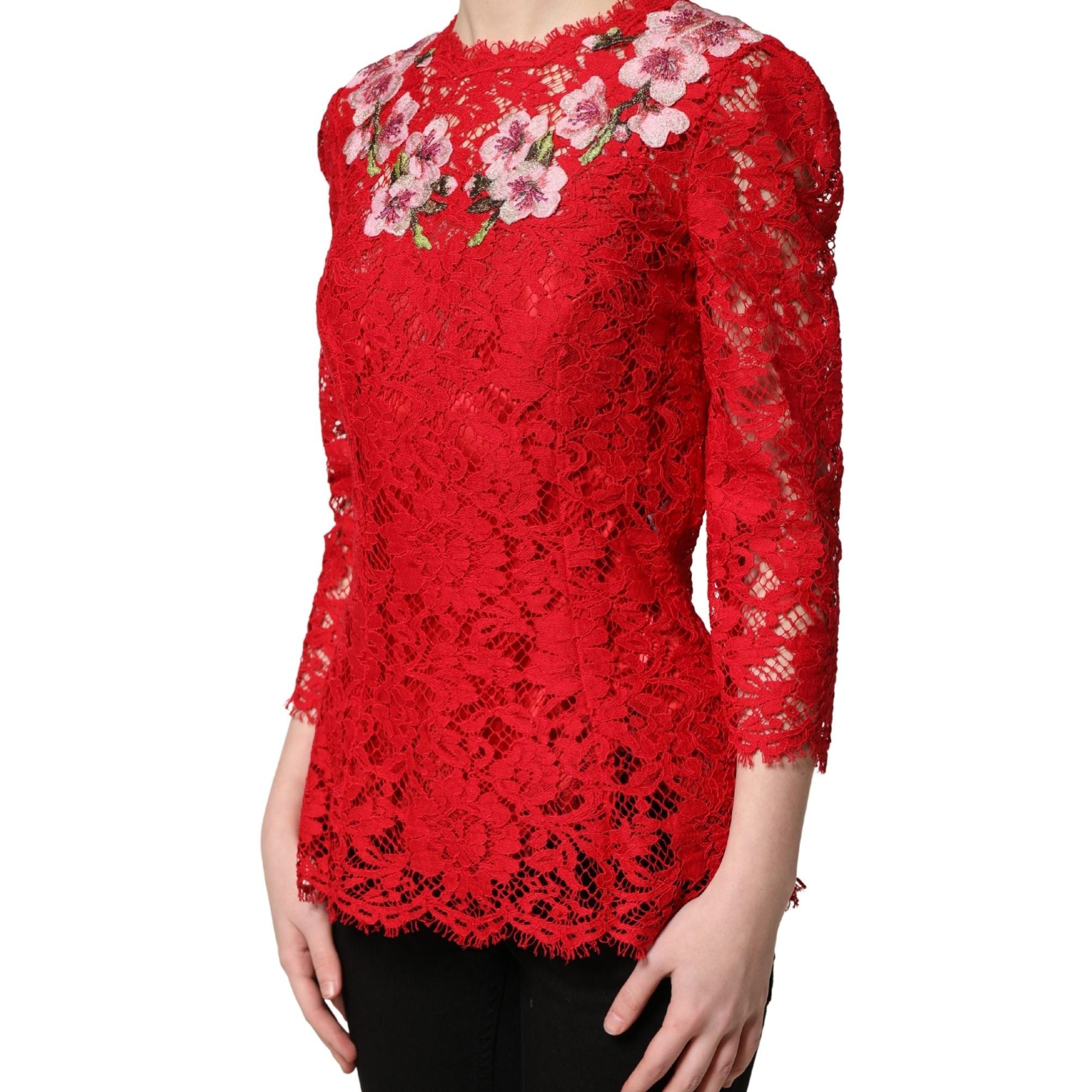 Dolce & Gabbana Red Lace Floral Embroidery Long Sleeves Top
