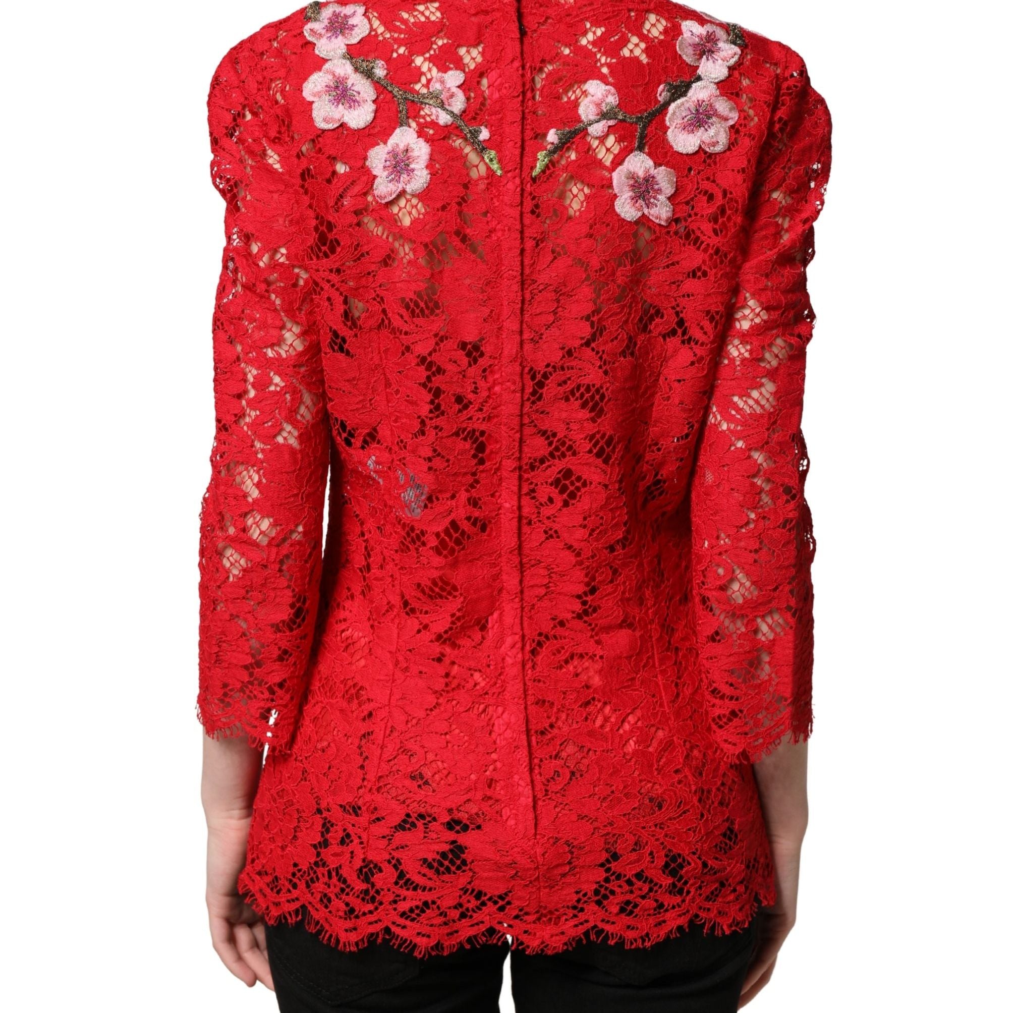 Dolce & Gabbana Red Lace Floral Embroidery Long Sleeves Top