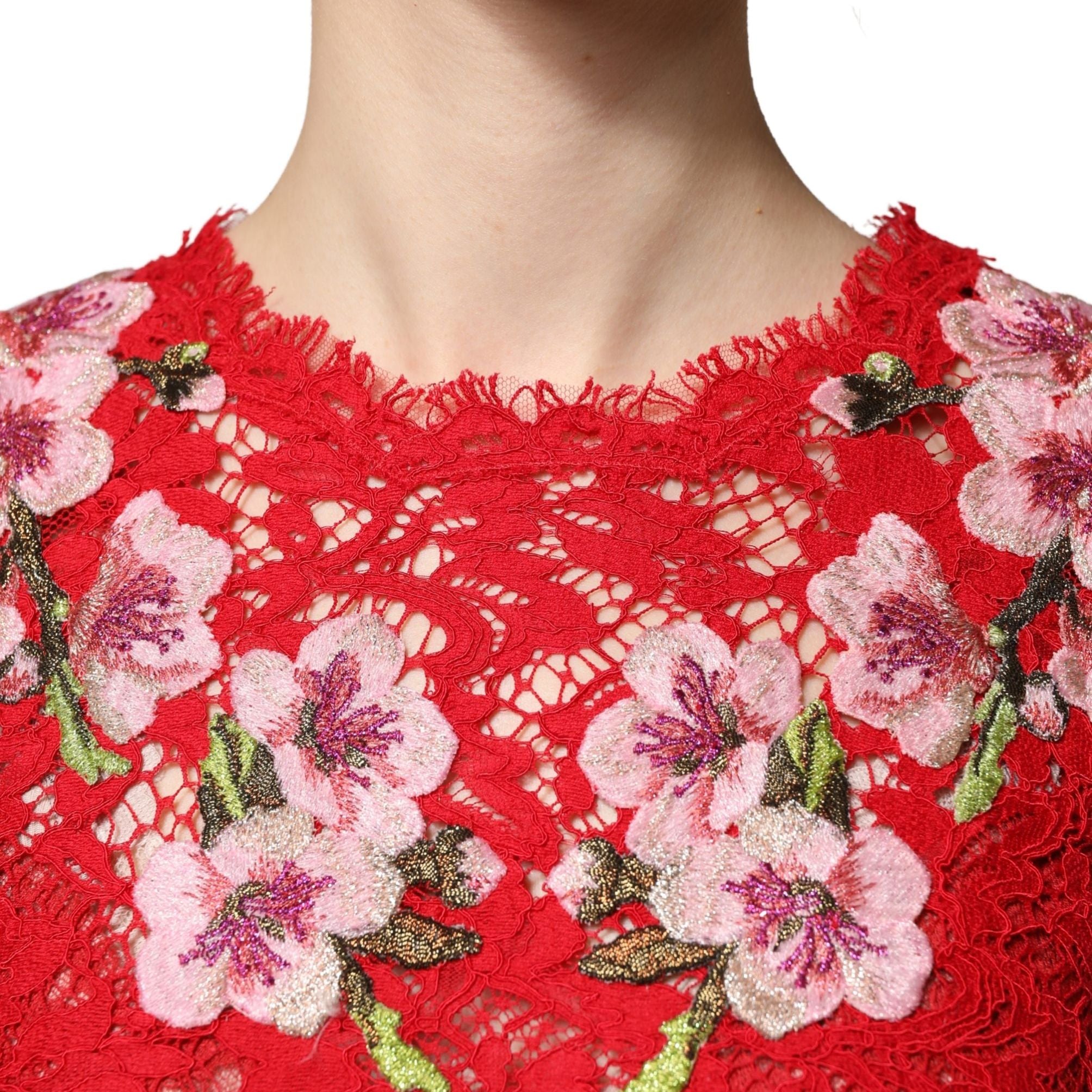 Dolce & Gabbana Red Lace Floral Embroidery Long Sleeves Top