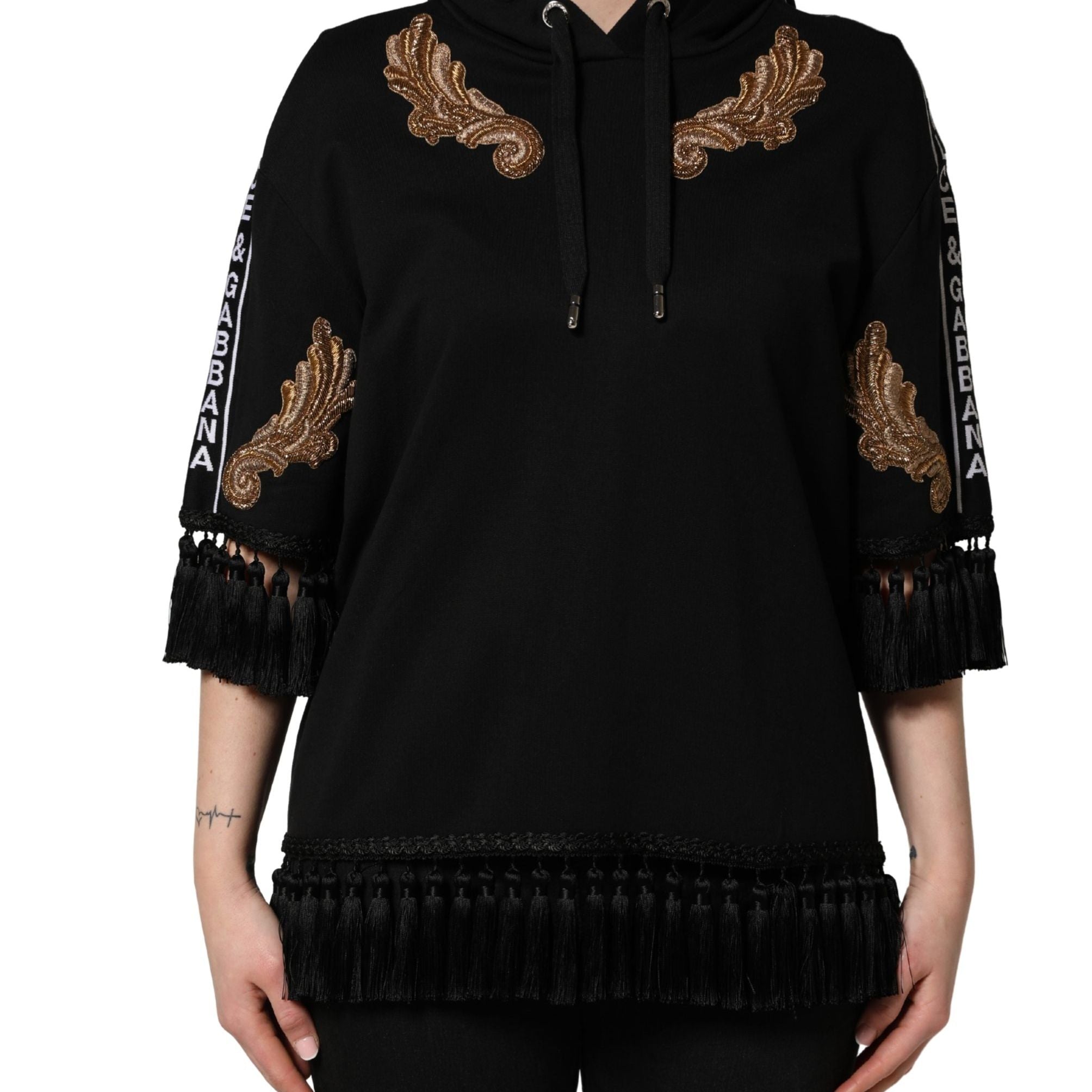 Dolce & Gabbana Black Embroidered Tassel Hooded Sweatshirt Sweater