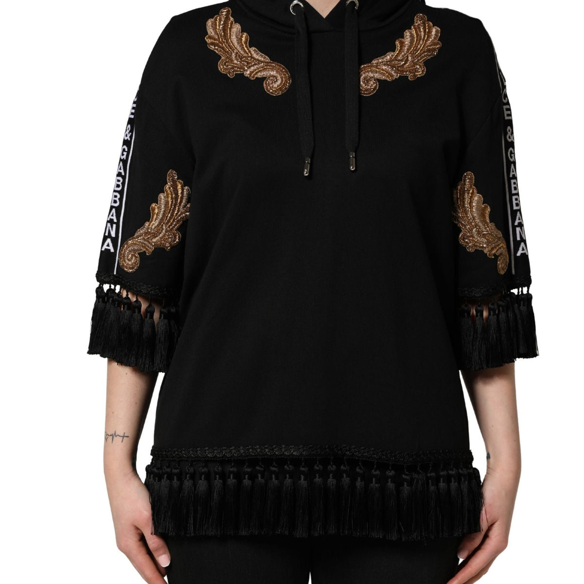 Dolce & Gabbana Black Embroidered Tassel Hooded Sweatshirt Sweater